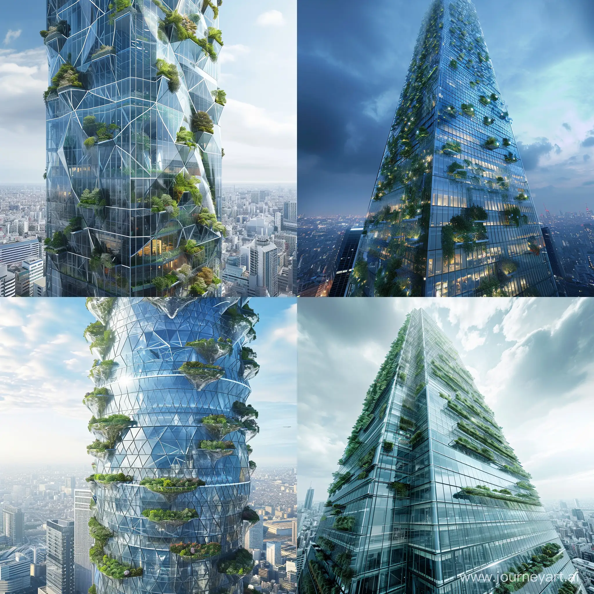 Rascacielos de Cristal Futurista en Tokio, con fachada paramétrica, jardines colgantes . Diseño inspirado en la tecnología y la innovación
