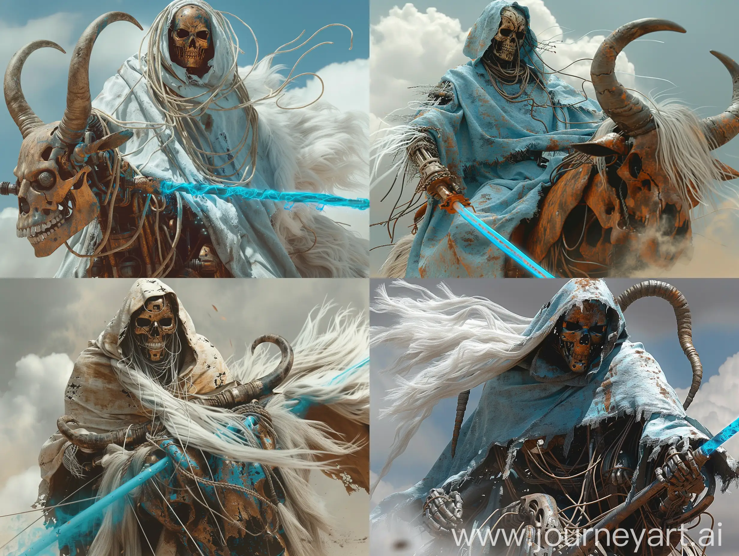 extreme low angle scary shot from below, Head and shoulders portrait of dystopian rusty rustic spindly sci-fi hooded robotic cyborg automaton riding a massive alien yak creature with long white fur and coiled horns , (bronze masked face) with wires and prosthetics; wearing a intense light_blue ragged torn long monk’s cloak robe whipping in wind and dust clouds. Cloak painted with clumsily painted (large visible brush strokes) skull, holding long rusty glowing bluecybersword