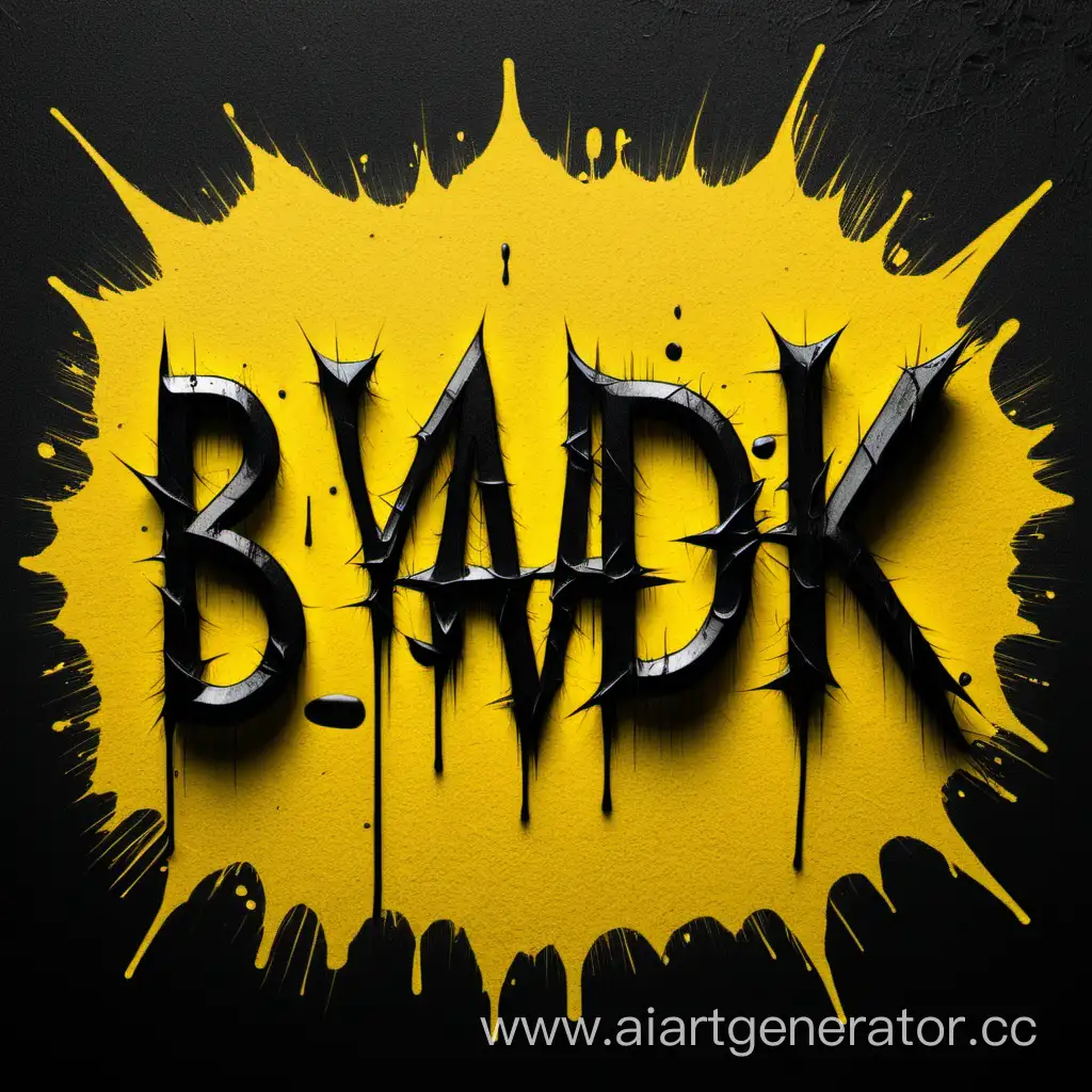 Выцарапанное слово "Blyadik69"на желто-черном фоне