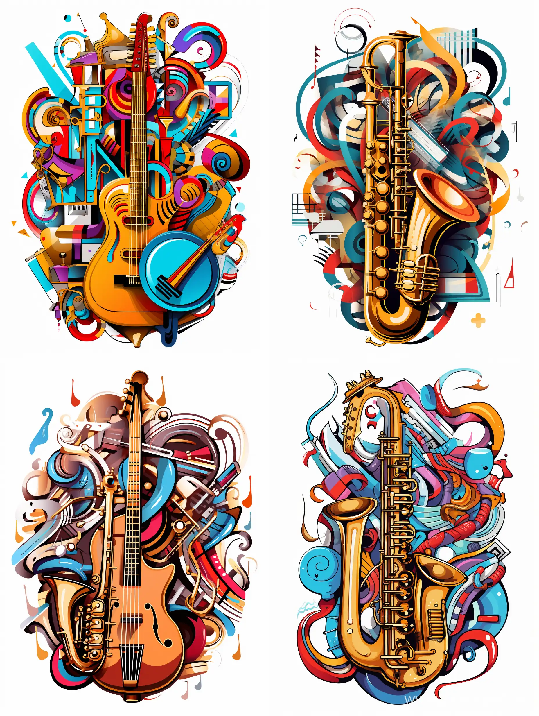 Narrow of saxophone, guitar, drum, heart-shaped, pop art style, complex colors, on a white background