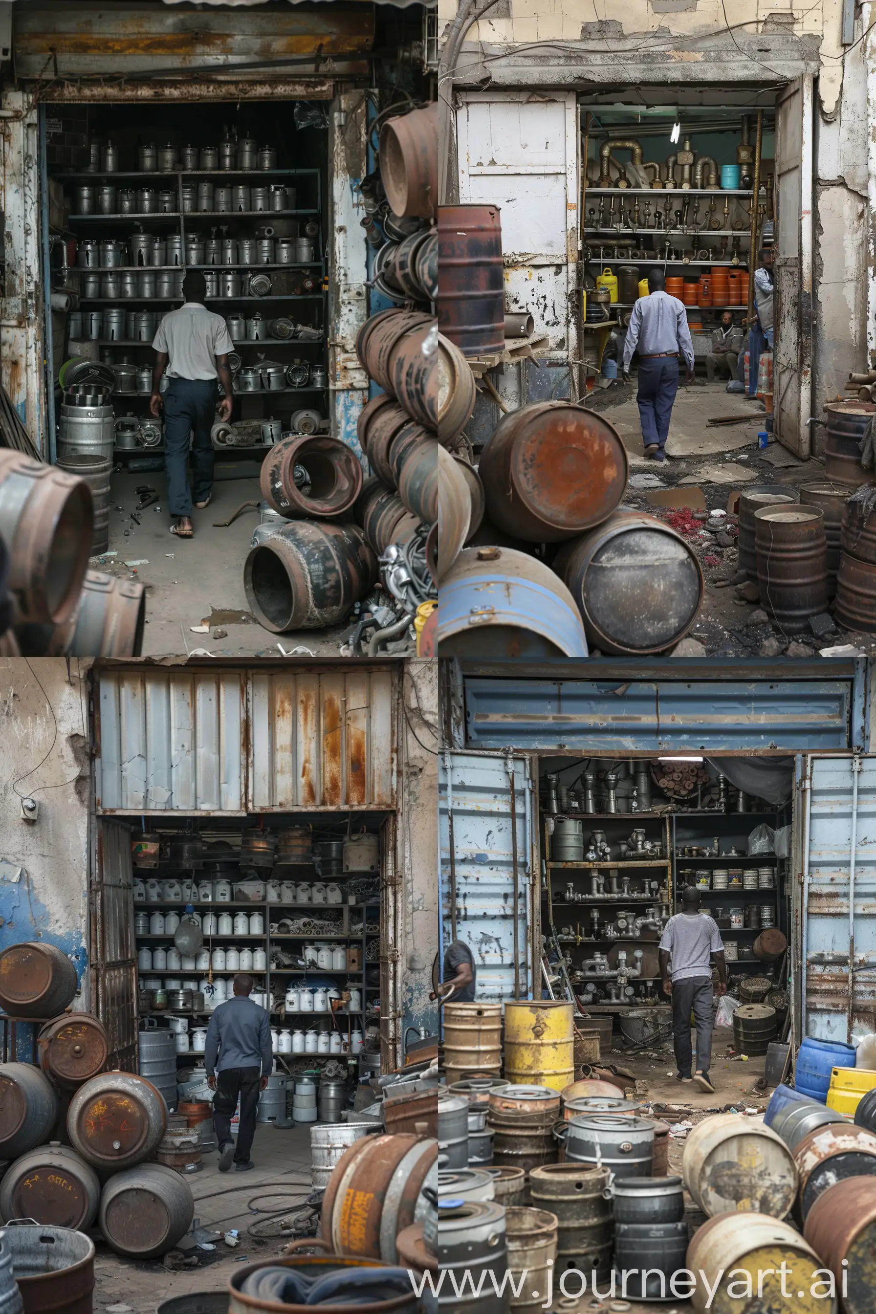 A man is walking through the market to a big door. Inside is a bright store with shelves where new plumbing is neatly arranged. Around him at the market, sellers are selling old rusty plumbing, leaking barrels., --ar 4:6 --v 6