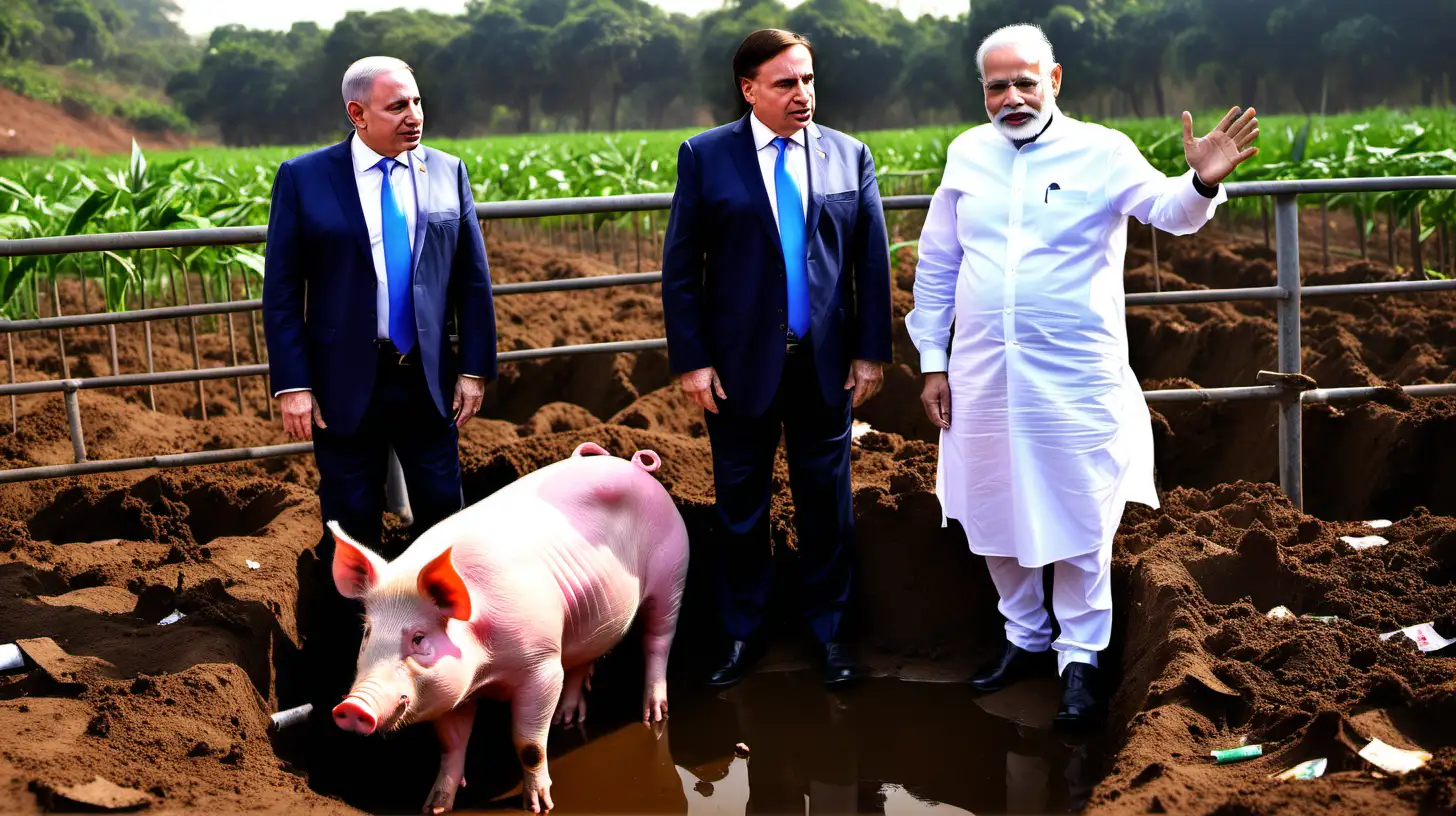 Jair Bolsonaro, Benjamin Netanyahu, and Narendra modi are together in an outdoors pig farm. Very dirty surroundings. Garbage and sewage everywhere.