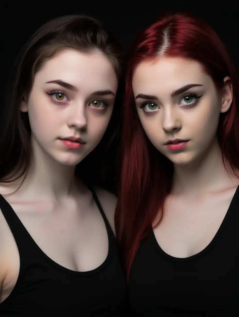 A book cover with no title, of two beautiful, 21 year old girls who look alike. They both are pale have hazel eyes, bushy brows, long eyelashes. One of the pair has long, dark, thick hair and is wearing a long sleeve, black, v-neck, top. The other girl has short cut, Ruby red, hair and is wearing a black, singlet. Both of their faces are cast in shadows. 