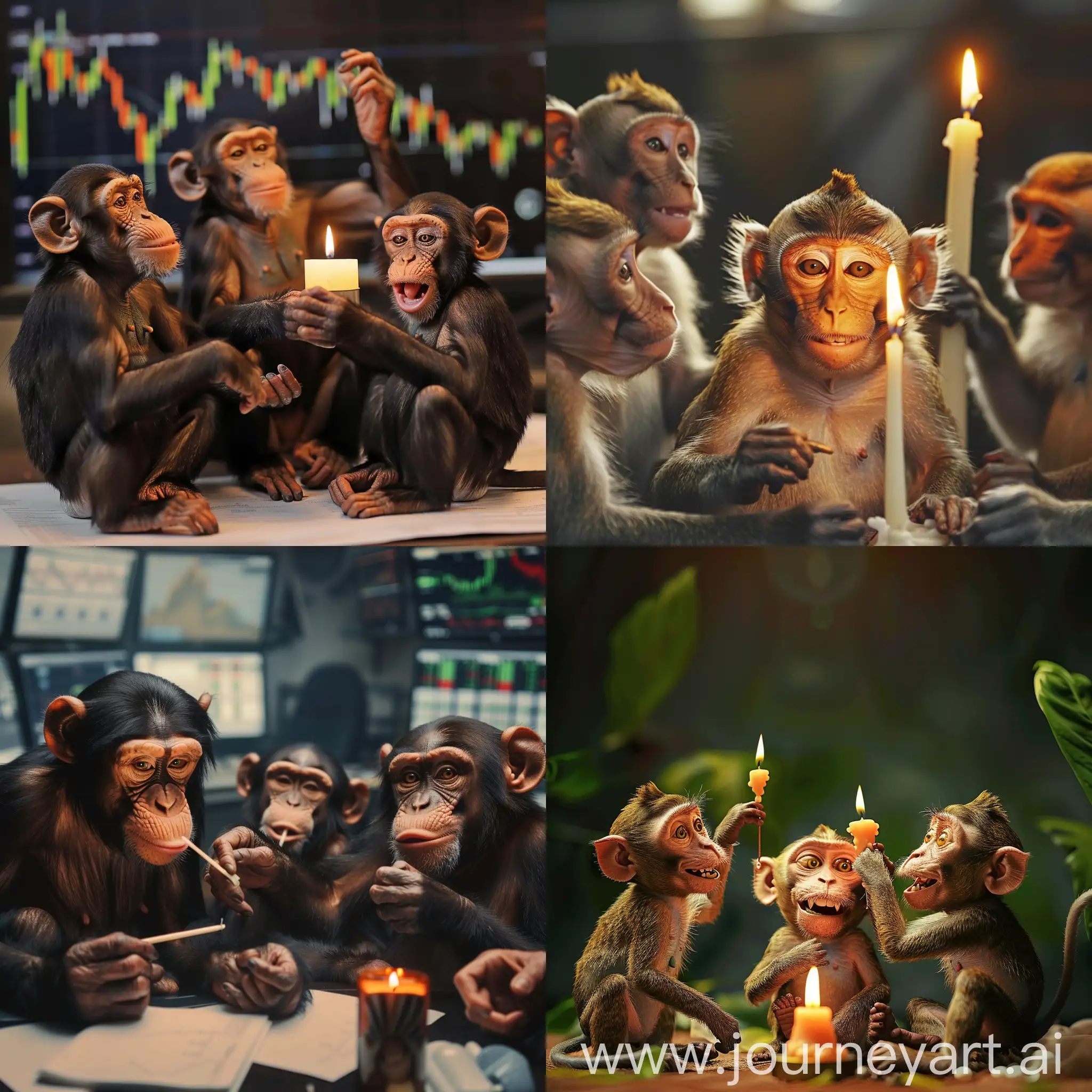 several happy monkeys buying stocks with god candle
