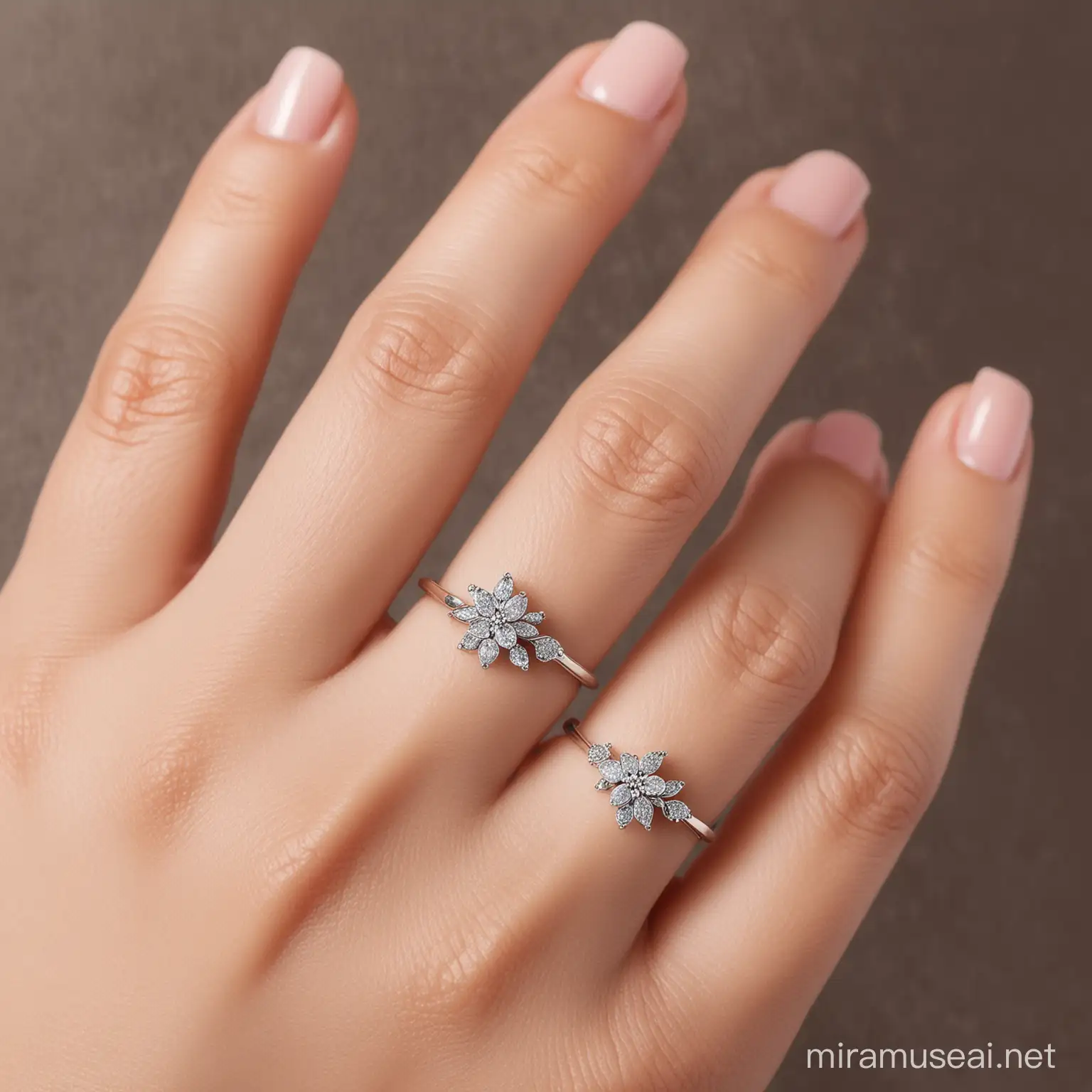 Complete the set with a delicate silver ring featuring a minimalist floral design, incorporating small affordable stones in a symmetrical arrangement to evoke the beauty of a blossoming flower, while remaining within budget constraints.
