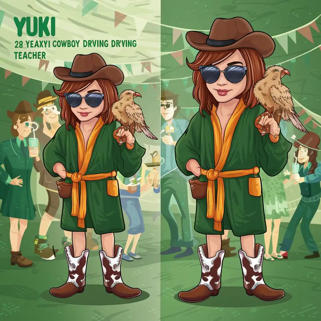 My name is Yuki, I am 28 years old and identify myself as a lazy cowboy driving teacher. My favourite drink is a funky falcon, and my favourite piece of clothing is my grey bathrobe. My favourite color is green. How should I dress up for the theme party with my friends? Please depict a person.