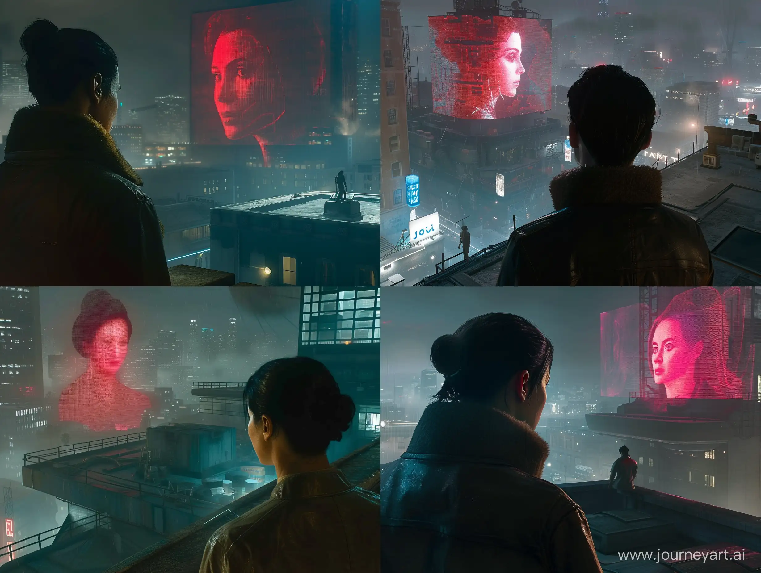 "Blade Runner 2049" is a video game set in a futuristic city in Los Angeles, featuring advanced ray tracing graphics and a third-person perspective from behind. Specifically designed for the PS5, this version follows the main character, portrayed by Ryan Gosling, as he explores a rooftop environment and observes a large holographic woman name joi on a faraway skyscraper, delivering an expansive open-world adventure powered by the Unreal Engine, all set in a nighttime atmosphere 