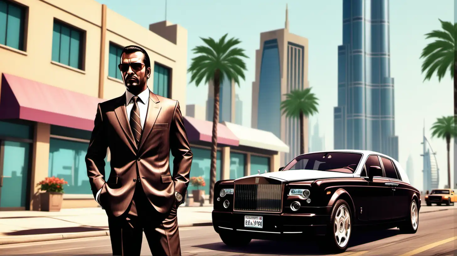 Design a GTA loading screen-style artwork inspired by Rockstar Games. The setting is downtown Dubai in the afternoon, with a bustling street scene. The skyline, highlighted by the Burj Khalifa and the Dubai Frame, serves as a dramatic backdrop. Feature an Arab man in earth-toned traditional attire with a watch, and an Italian man in a dark pinstripe suit with slicked-back hair, both exuding a relaxed demeanor near a parked black Rolls-Royce Phantom. The street is lively, dotted with luxury cars and a traditional abra boat in the distance. Surround them with palm trees and floral arrangements in planters, under a sky with light cloud cover. Include a subtle GTA-style wanted poster in the background, adding to the theme. The overall scene should be rich in warm and earthy tones, creating a mysterious and intriguing atmosphere, typical of GTA's unique style."