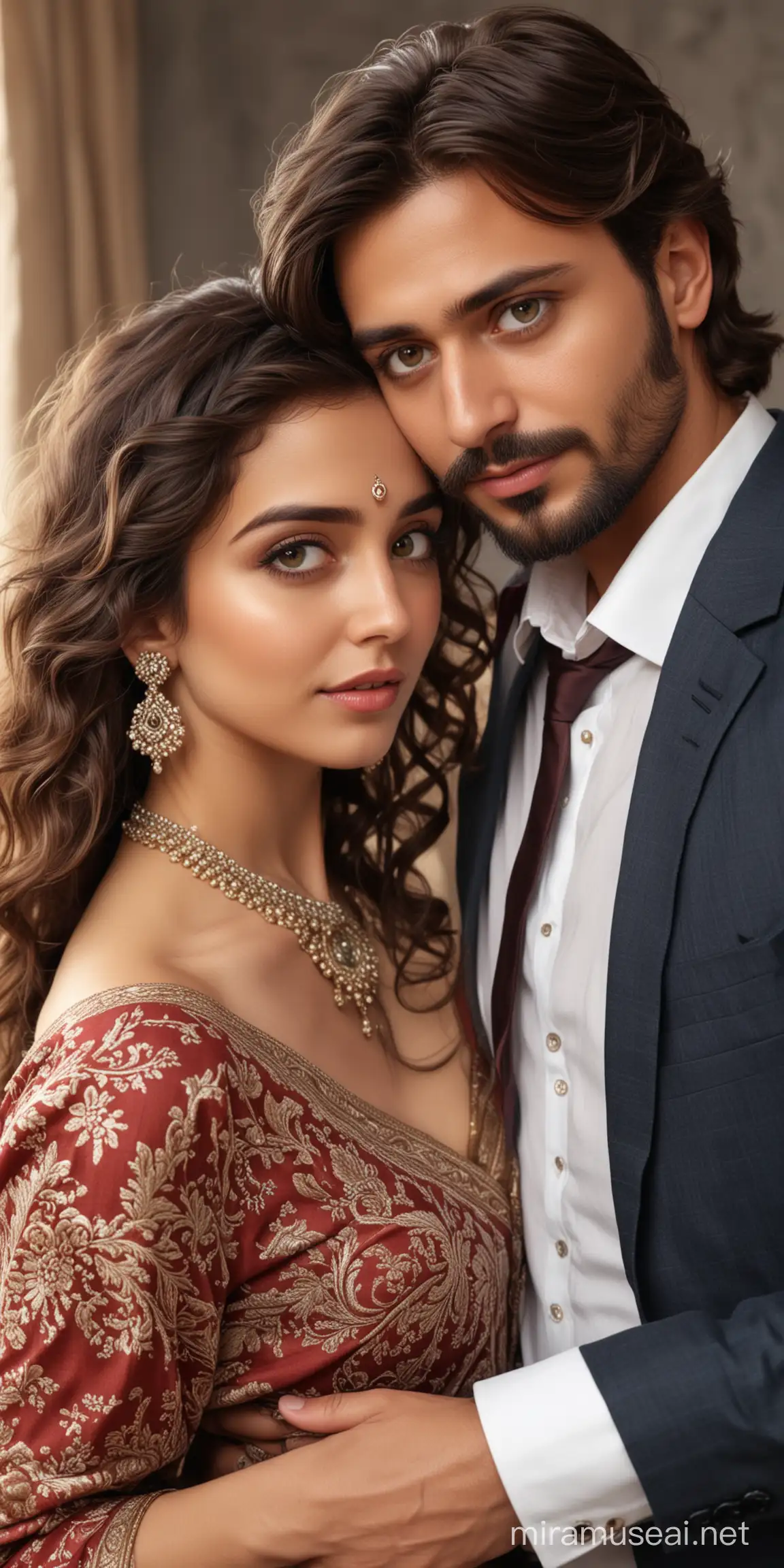 full portrait photo of most beautiful European couple as most beautiful Indian couple, most beautiful cute girl in elegant saree, wide big eyes, full face, girl has long wavy hair cascading, makeup, necklace, jewelry, blouse low cut, girl embracing, resting head on chest of man with deep emotion and excitement, man comforting girl with hands around her, man with stylish beard and perfect short hair cut, man in formal shirt and tie, photo realistic, 4k.