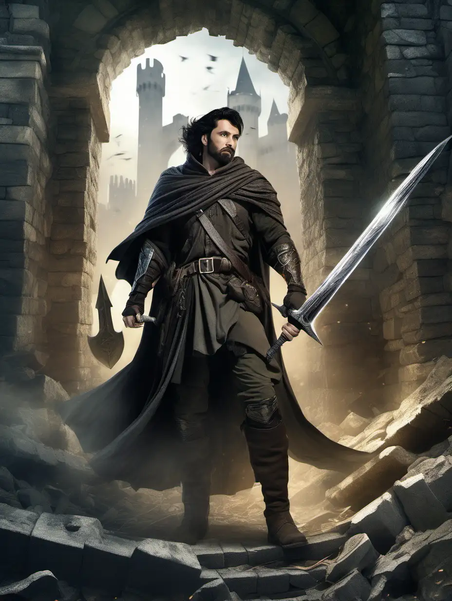 An image of a 35 year old ranger, he has a handsome face with sharp features, black hair and a short beard, he is wearing light armour and a long cloak as a cape, and is wielding a sword, standi in the ruins of a keep, in a detailed fantasy style
