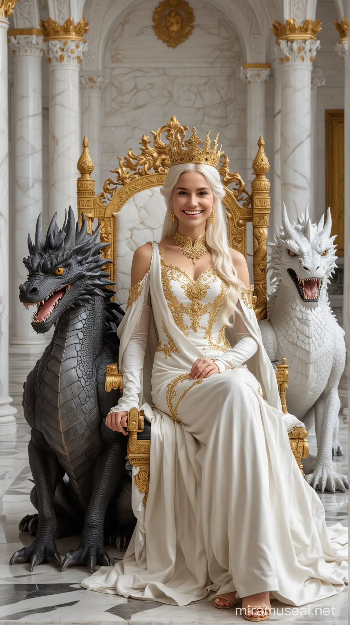one  smiley queen with a golden dress and a white crown on her head, sitting on her throne and guarded by two large black real dragons, located in an all-white palace made of marble.