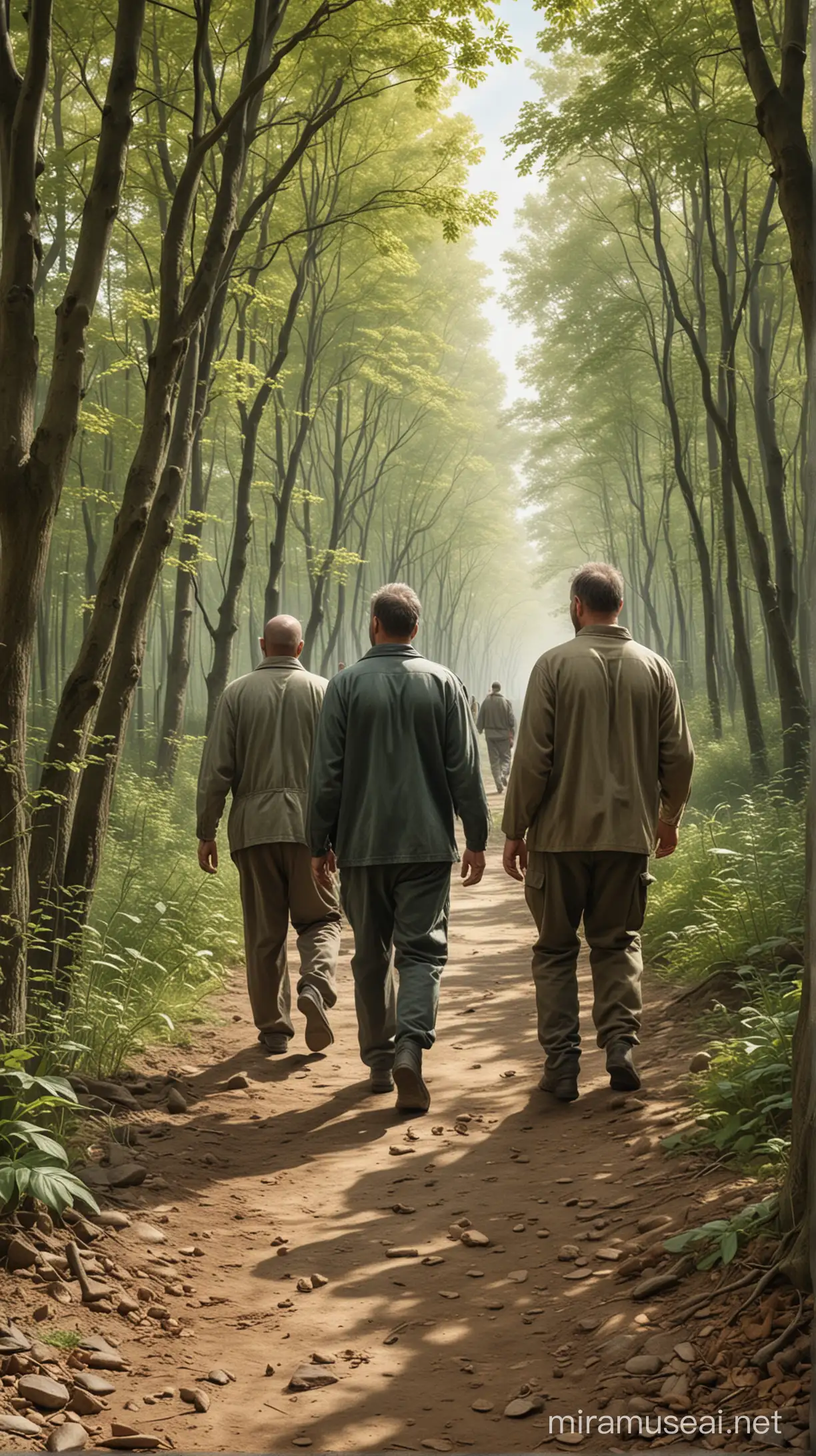 Prisoners enjoying a nature walk with Hans Scharf. hyperrealistic