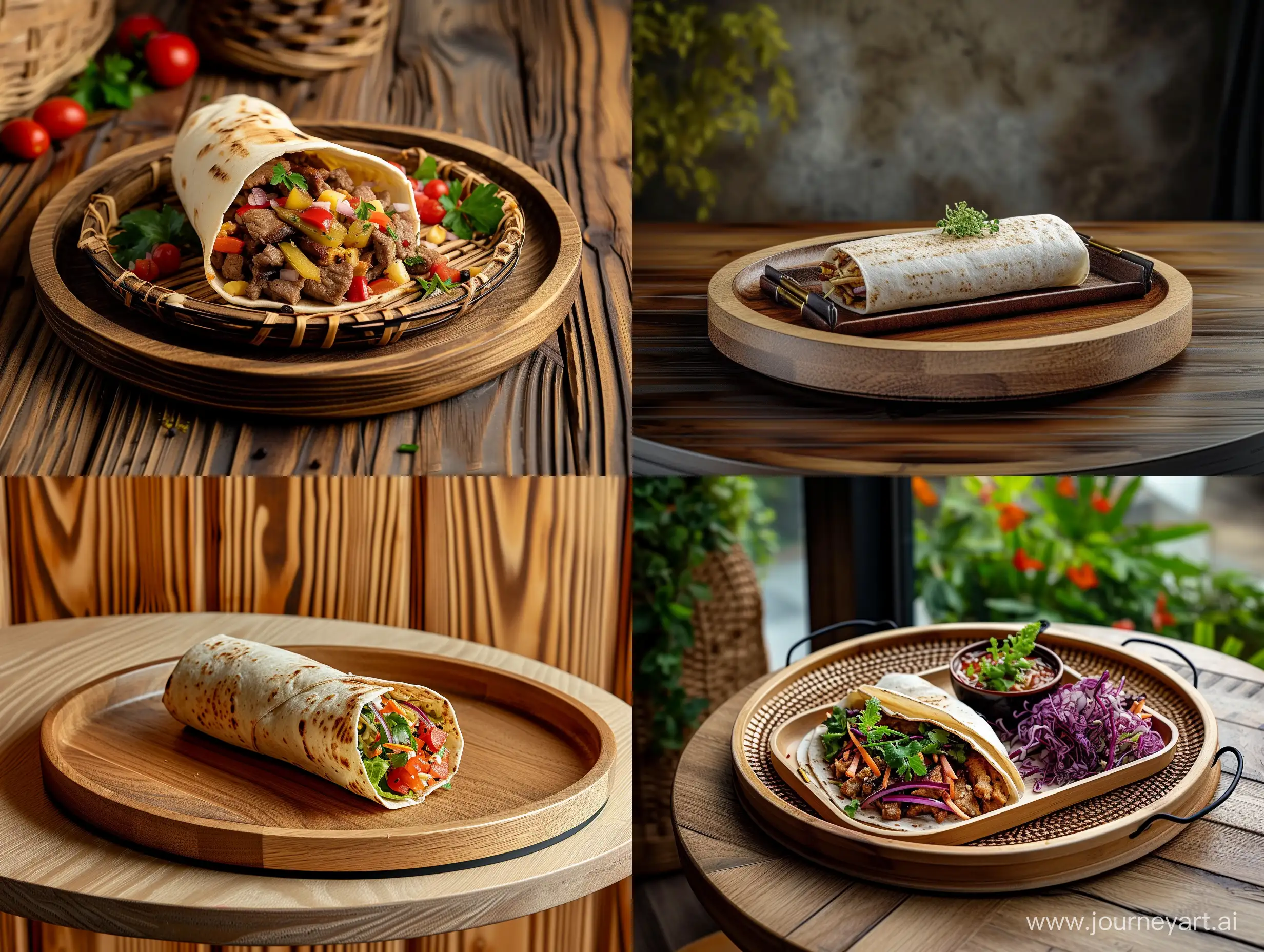 Nothing but a shawarma tray on a round oak tray on a wooden table background
, professional photography, shot with a Sony A7R IV, 4k camera