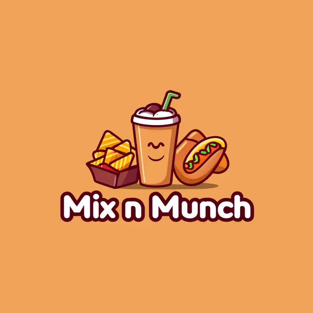 a logo design,with the text "Mix n Munch", main symbol:Iced Coffee, Nacho Chips, Corn Dog,Minimalistic,clear background