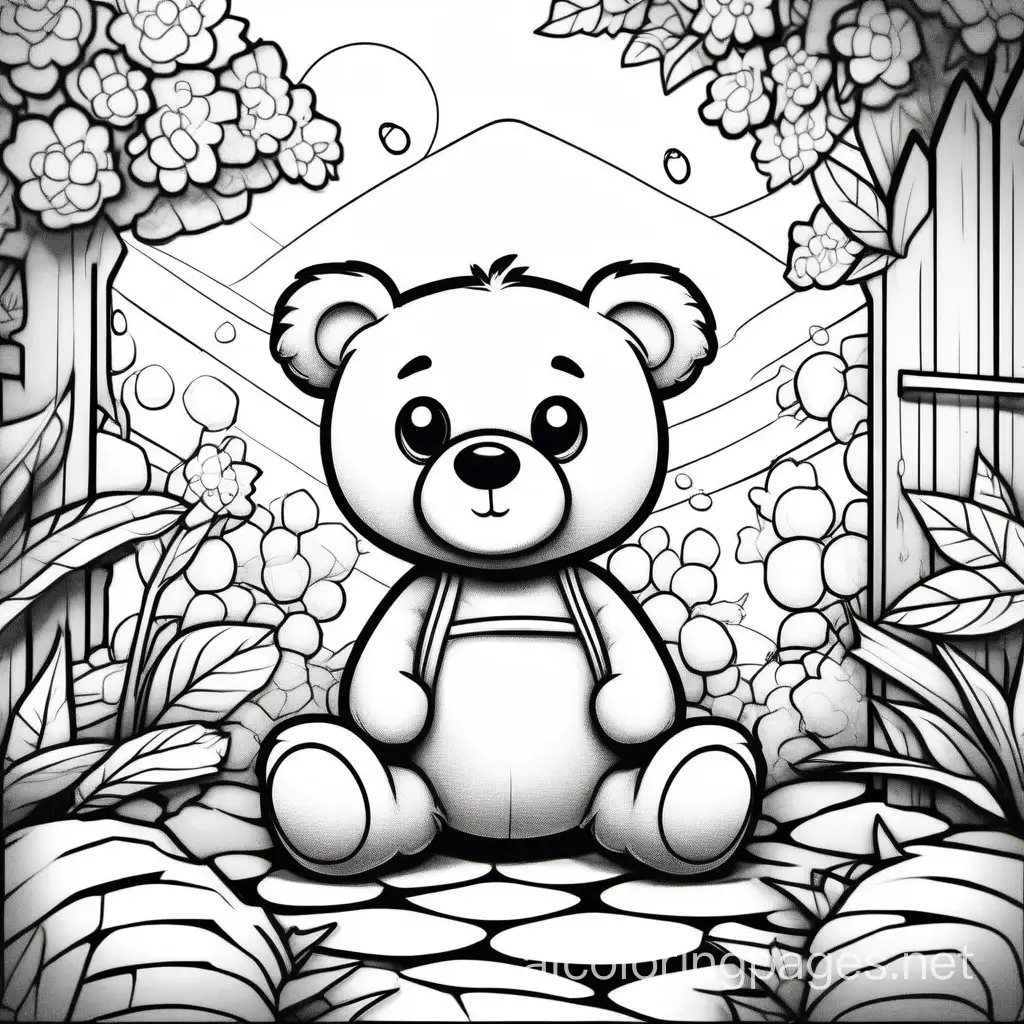 Cute Pixar style teddy Bear in front of her hive featured for a coloring book, 2D illustration, digital art by Greg Rutkowski, kawaii style cartoon coloring page for kids, cartoon style, minimally detailed clean line art, positioned in the center of one clean page, no background, no shadow, white and black, no gray, monochrome, coloring book, sketchbook, realistic sketch, free lines, on paper, character sheet, 8kit a clarity and clean look, 8k, Coloring Page, black and white, line art, white background, Simplicity, Ample White Space. The background of the coloring page is plain white to make it easy for young children to color within the lines. The outlines of all the subjects are easy to distinguish, making it simple for kids to color without too much difficulty