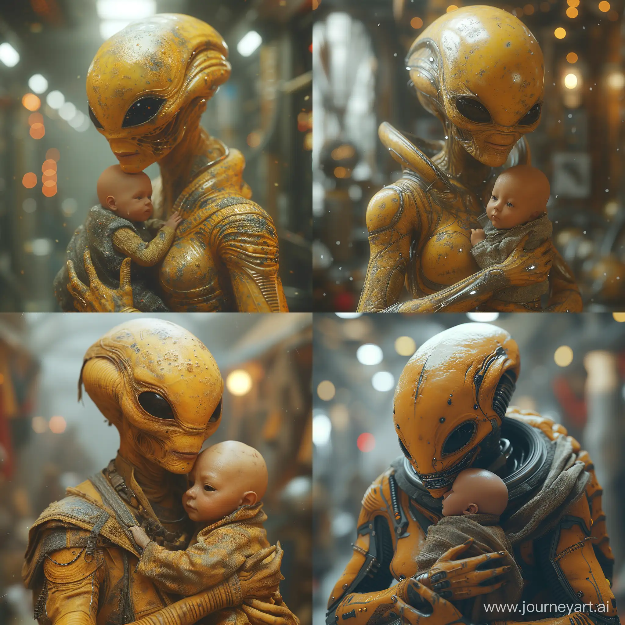 realistic portrait of a yellow alien carrying a little human baby with love in space room with fog deph of field hyper realistic --stylize 750 --v 6