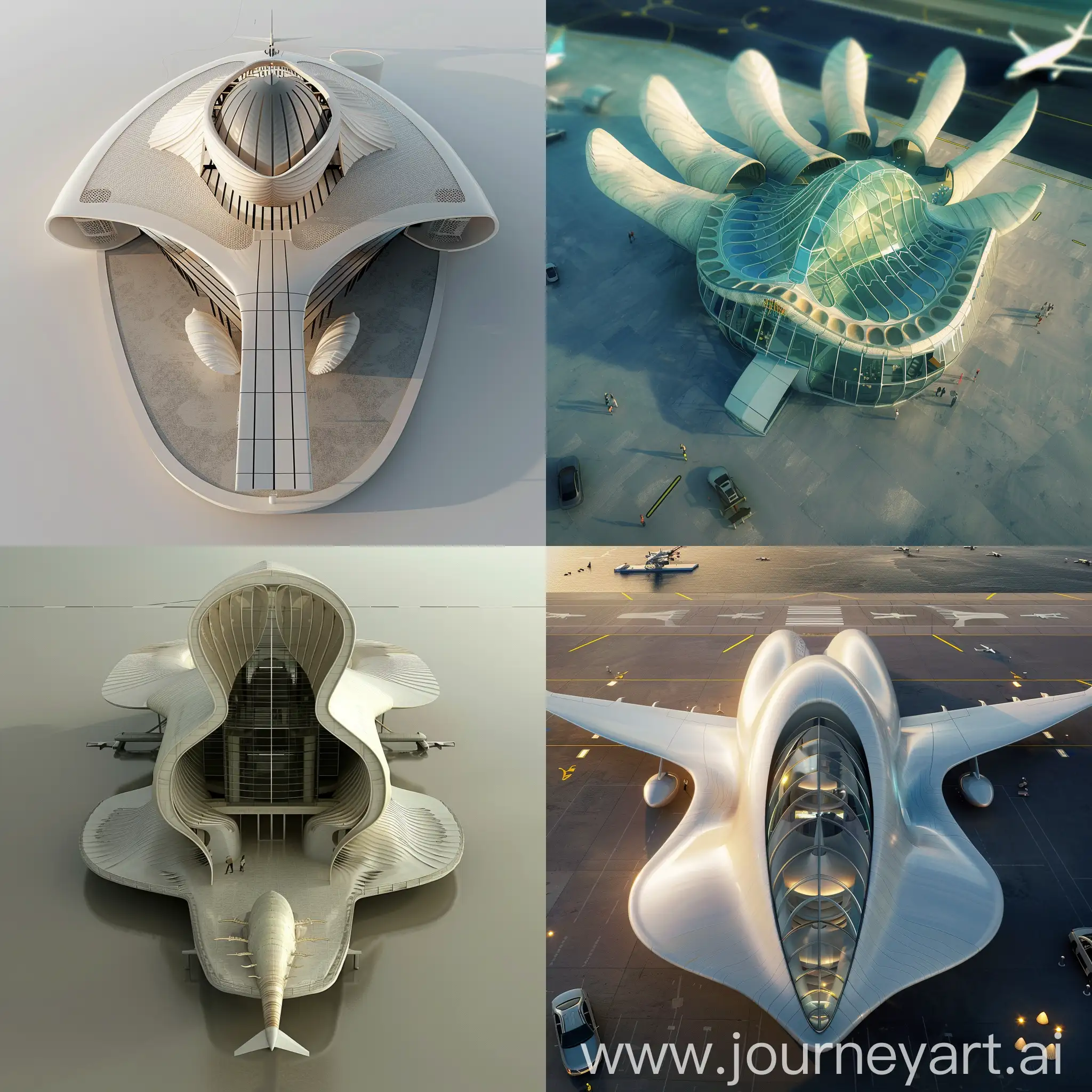 imagine a small  airport terminal building view from top view. the building is inspired my the sea shell which is incoporrated in the structure