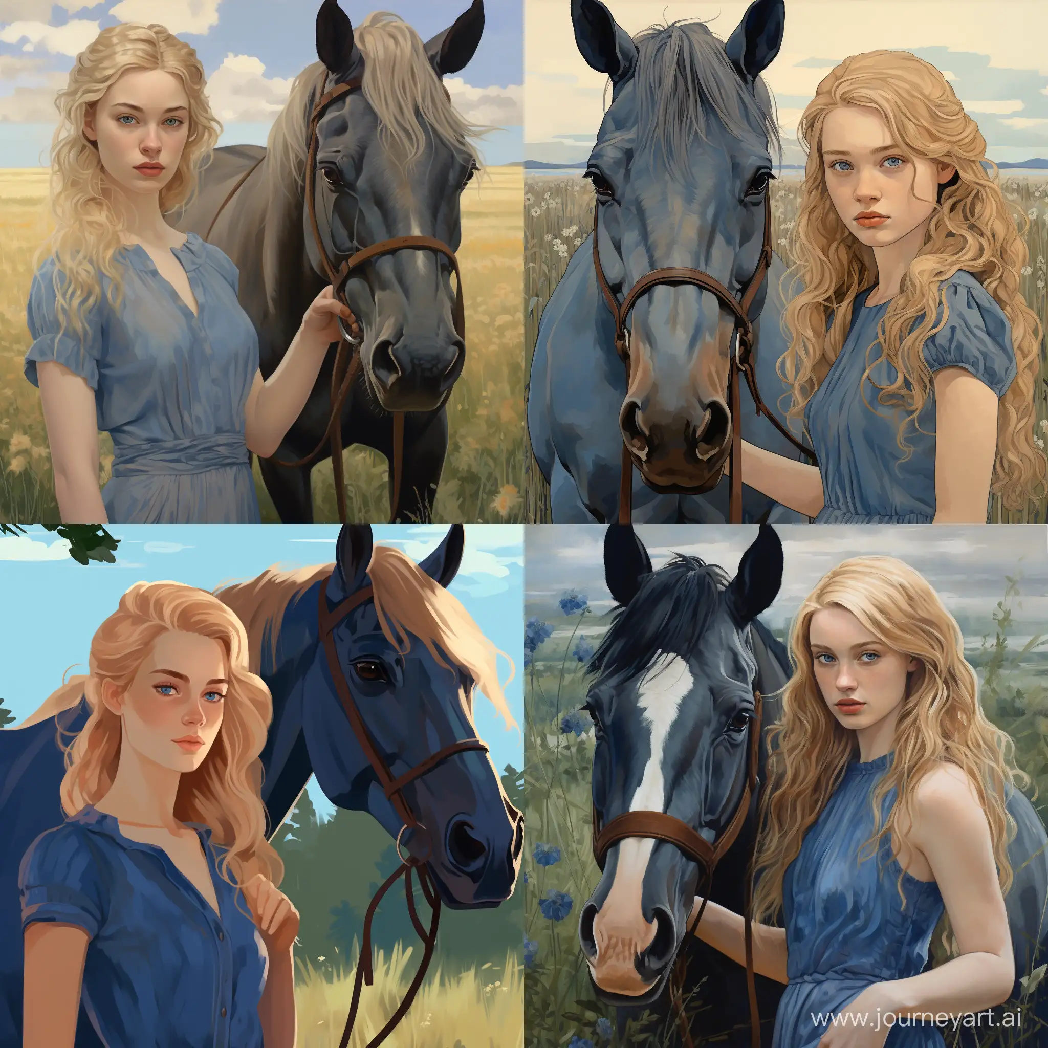 Blond-Girl-in-Blue-Dress-Petting-Horse-in-Meadow