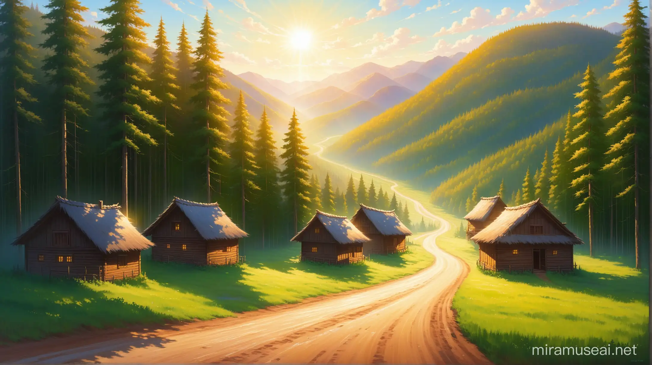 painting of a small village surrounded by dense forest, the afternoon sun shining on the dusty road.