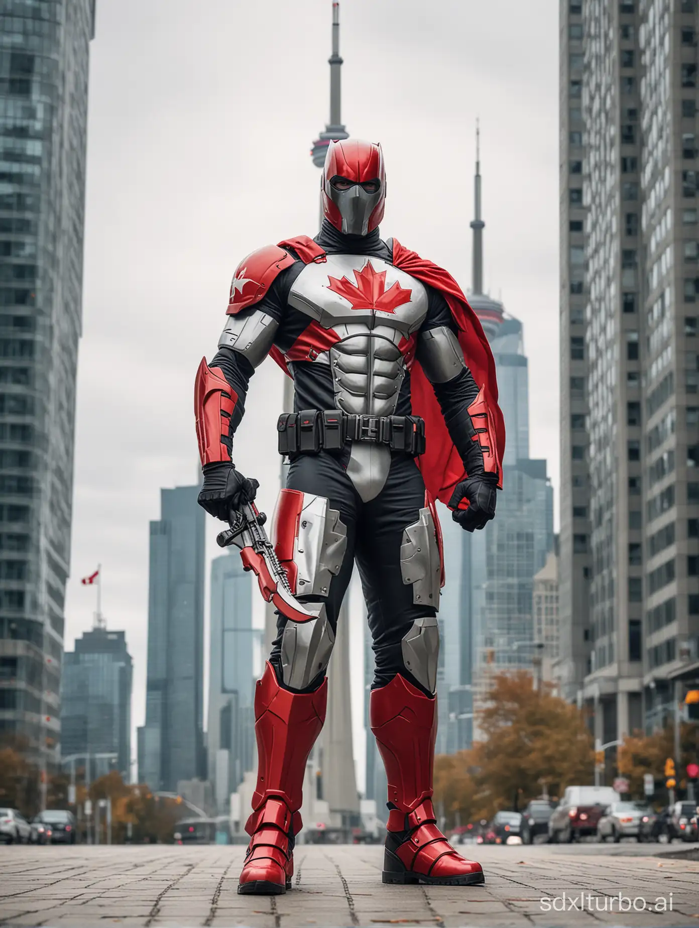 create a canadian superhero with armoured costume in canadian flag colours . The superhero should be wearing cape made up of canadian. He should be holding weapon and he’s standing outside CN tower canada