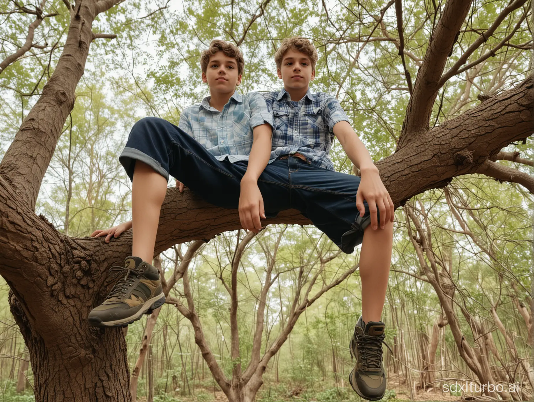 teen boy models sit on a tree branch with their legs dangling towards the camera, close-up low angle picture from below
