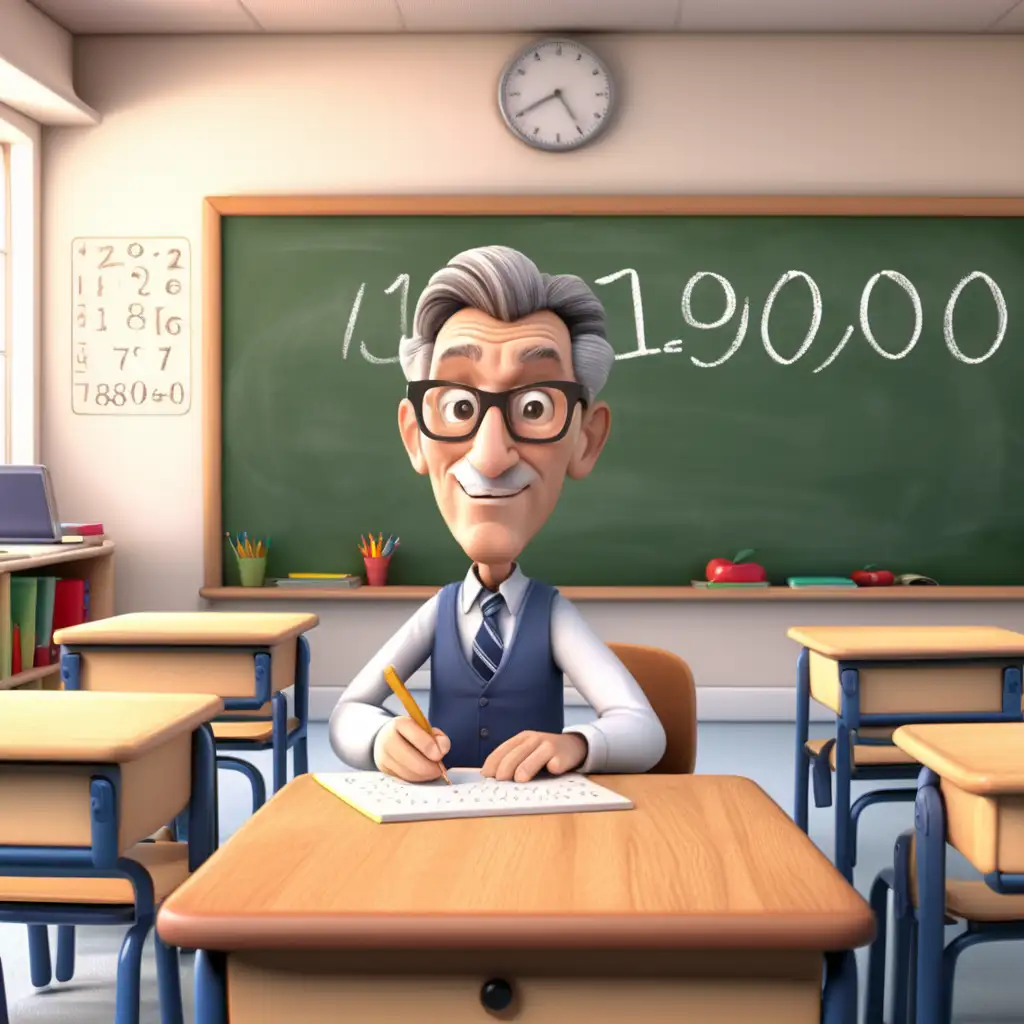 Create a 3D illustrator of an animated scene of a middle aged, male teacher writing the number 10000 on a board of a classroom, the teacher's face looks very calm. Beautiful and spirited background illustrations.