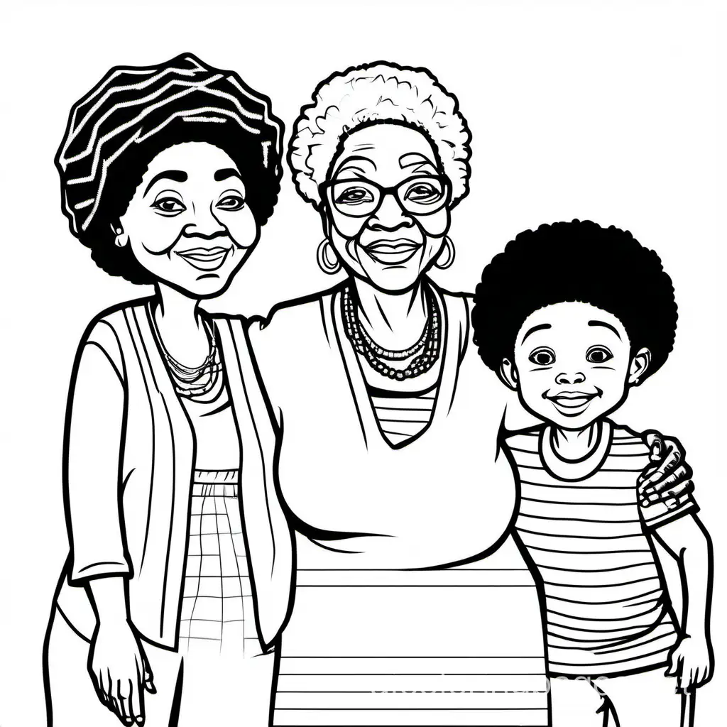 african american little boy with african american grandma and mom

, Coloring Page, black and white, line art, white background, Simplicity, Ample White Space. The background of the coloring page is plain white to make it easy for young children to color within the lines. The outlines of all the subjects are easy to distinguish, making it simple for kids to color without too much difficulty