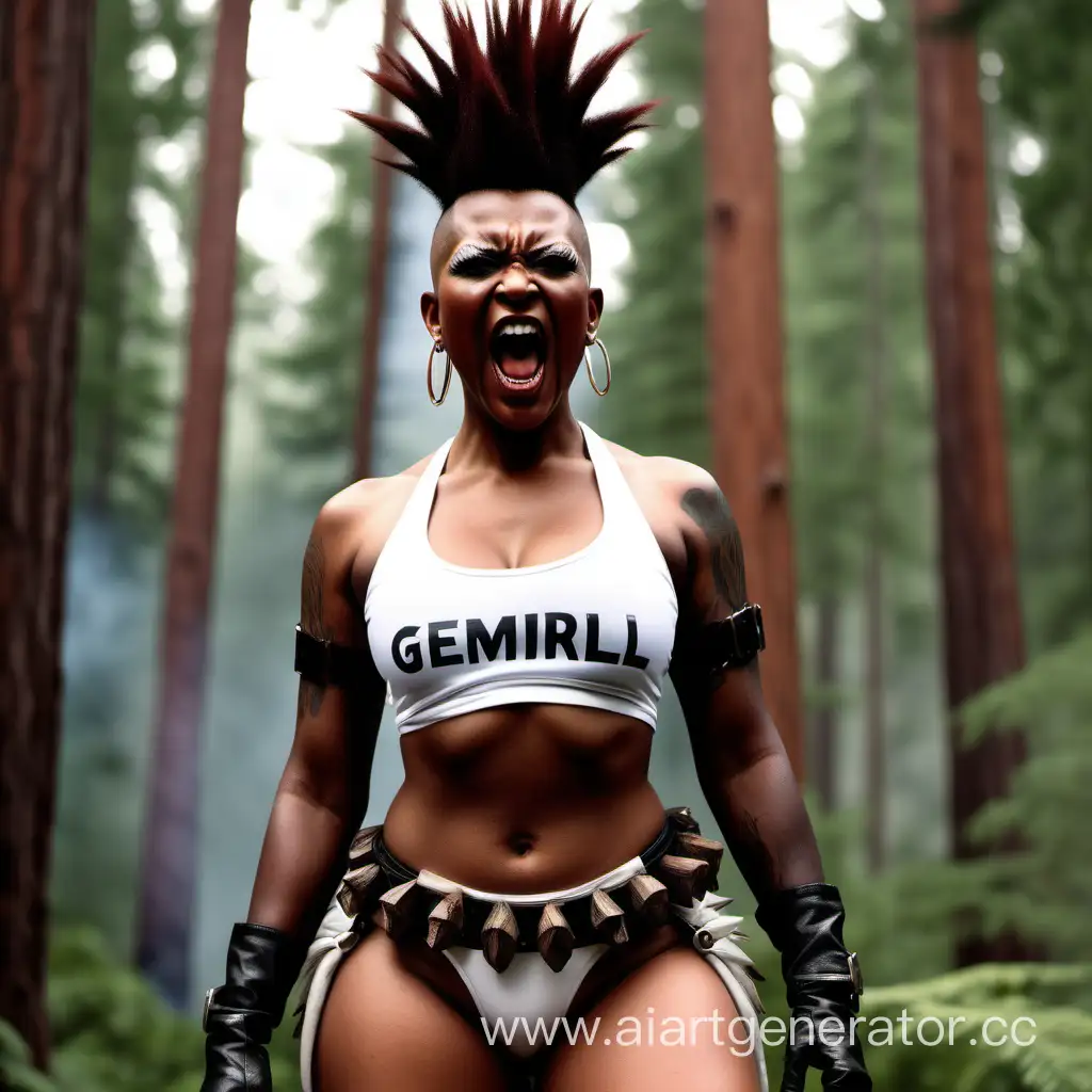 the latter, dark-skinned, evil, Amazon, wide hips, slim waist, sexy light protection in white, the inscription "Gemirill", lush hairstyle high female mohawk, hair discoloration, stands screaming directly into the camera, sequoias are burning in the background