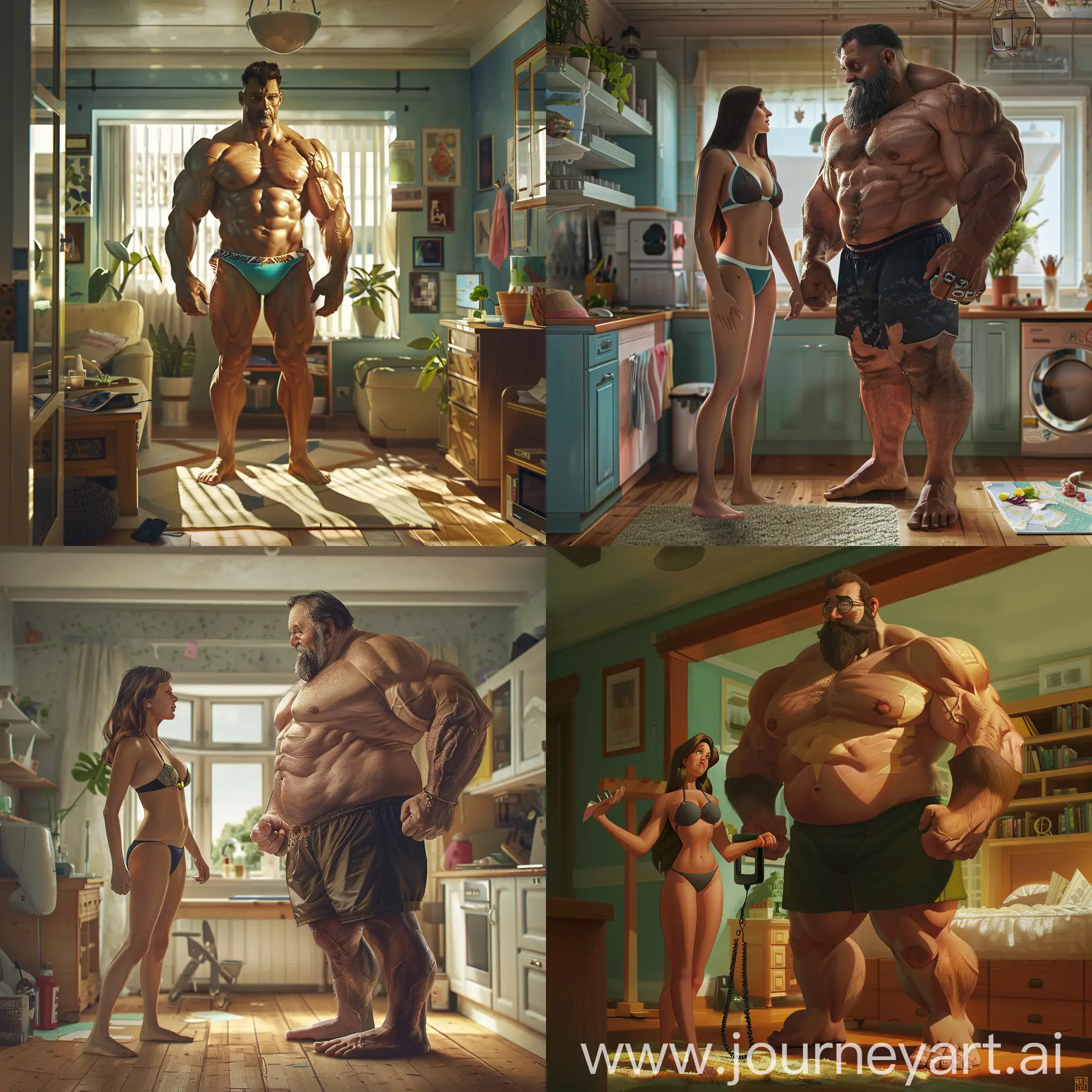 Explore the concept of strength and vulnerability through an artist's interpretation of a muscle strong father wearing a bikini at home.