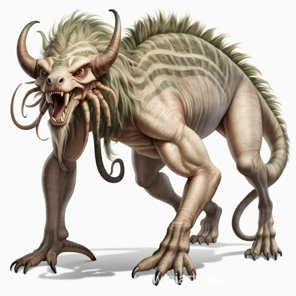  древний звероящер, на белом фоне добрый травоядный на четырех лапах с длинным двойным хвостом и четырьмя глазами