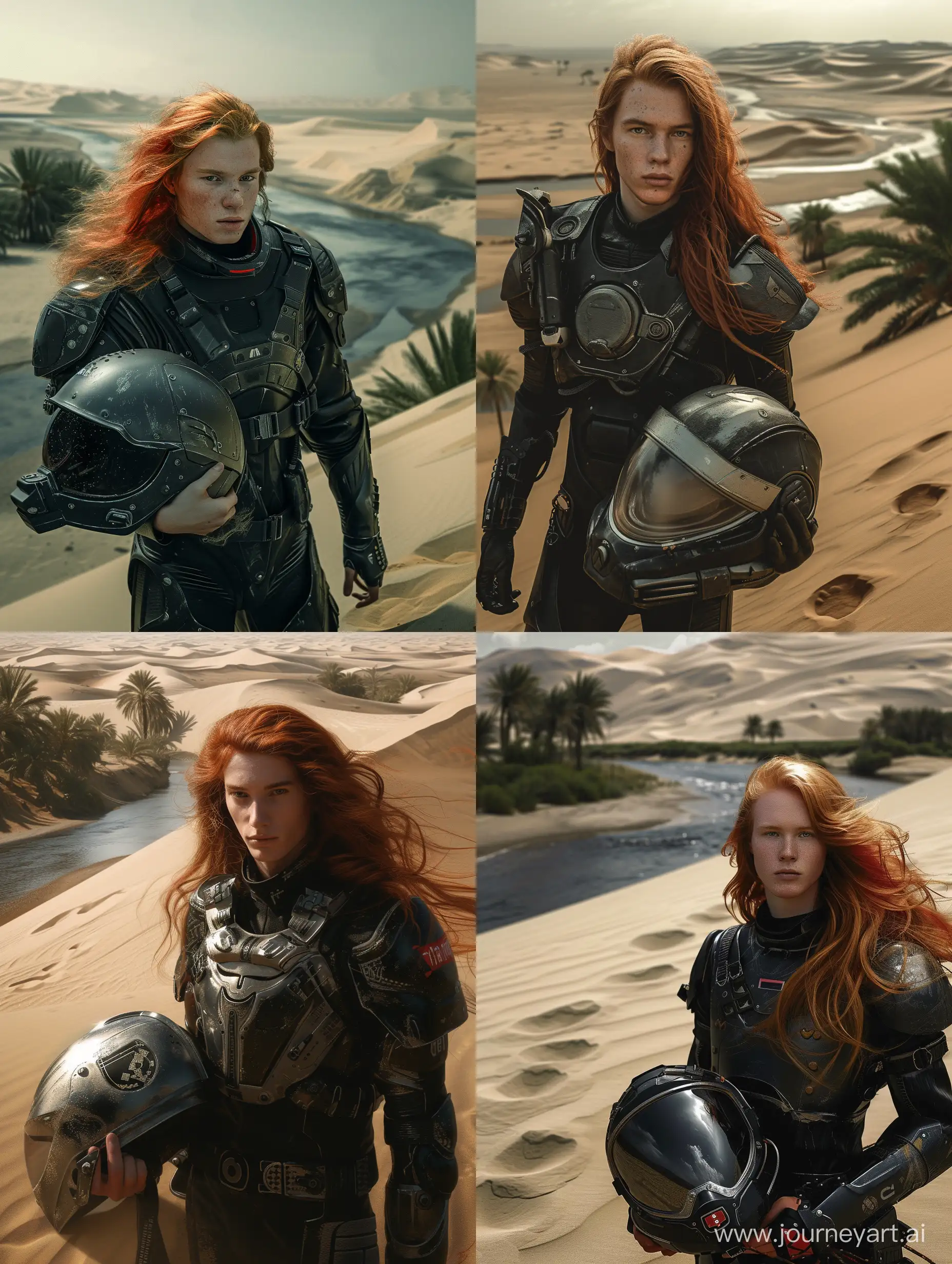 a 18-old-year man in lightweight space protective space armor with a little long red hair in the foreground, curious look, He holds the helmet in his hand, large dunes, sand, river and palms in background, beautiful, sharpness, romantic, footprints in the sand, , fantastic, photography, close-up, hyper detailed, trending on artstation, sharp focus, studio photo, intricate details, highly detailed, in the style of black and dark silver, y2k aesthetic, soft, dream-like quality, princecore, smooth and shiny, pensive poses, precise detailing,