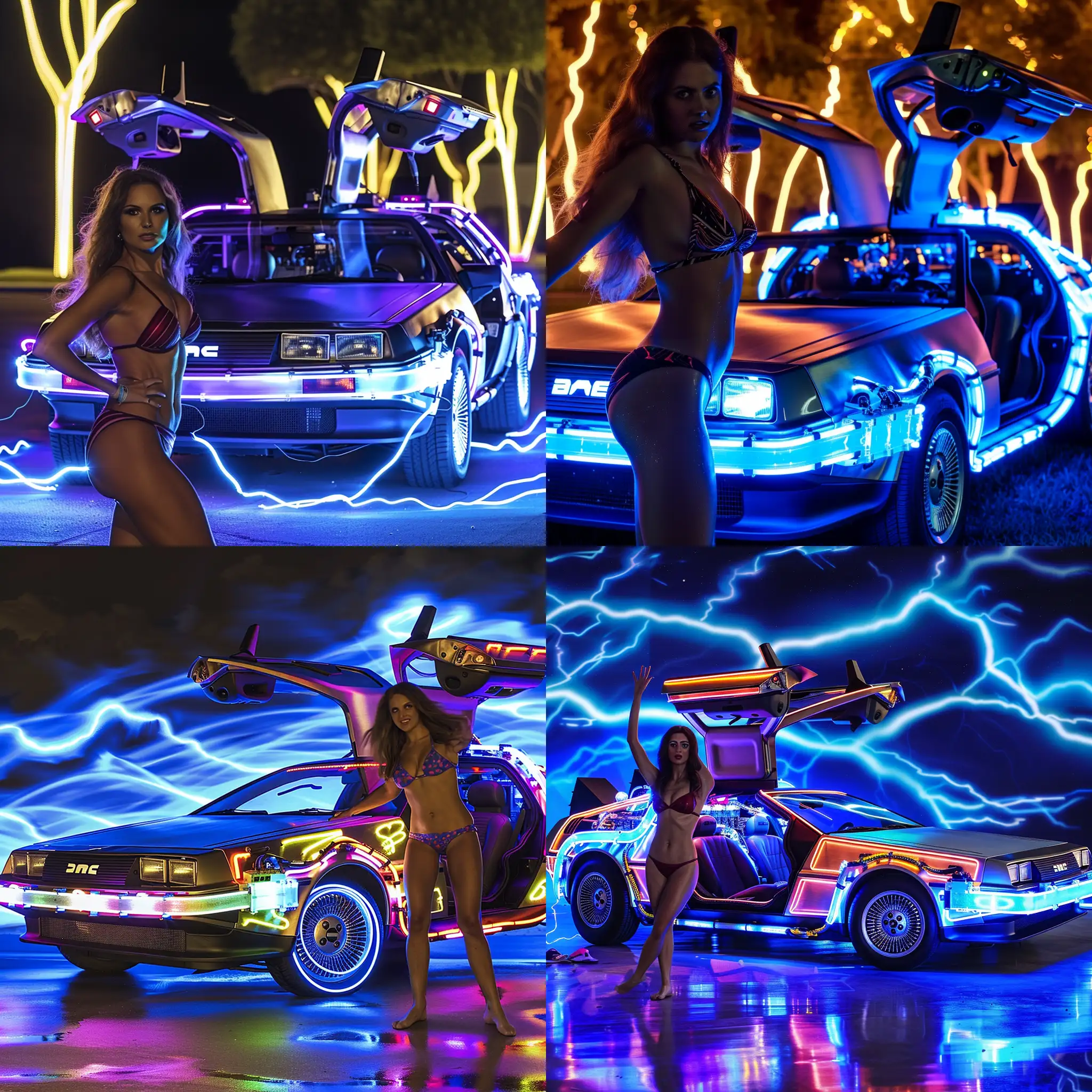 Back to the Future Delorean lit up with neon, fire trails, blue lightning, artistic with attractive woman in bikini in foreground