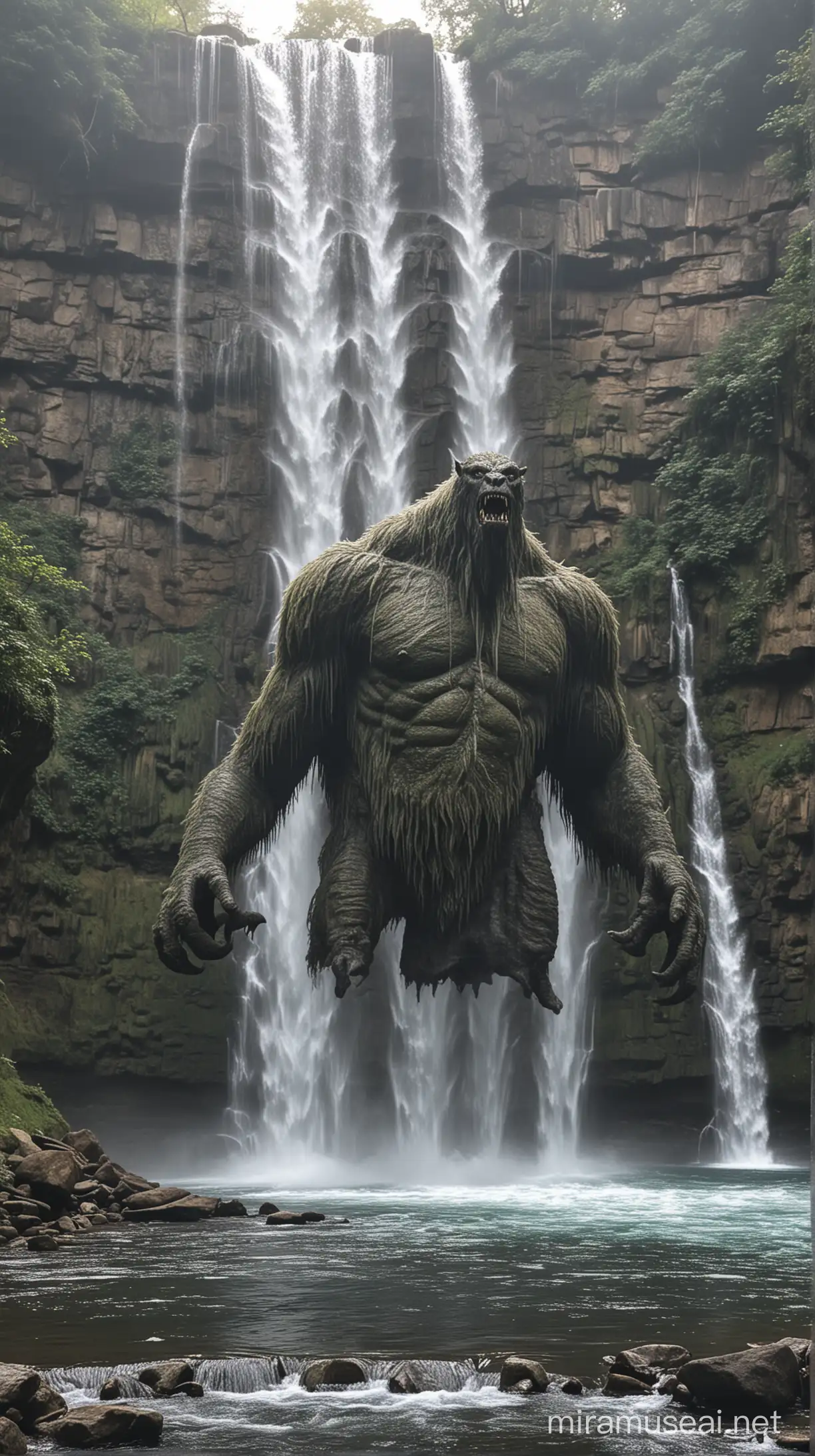 Enormous Monster Emerging from Waterfall