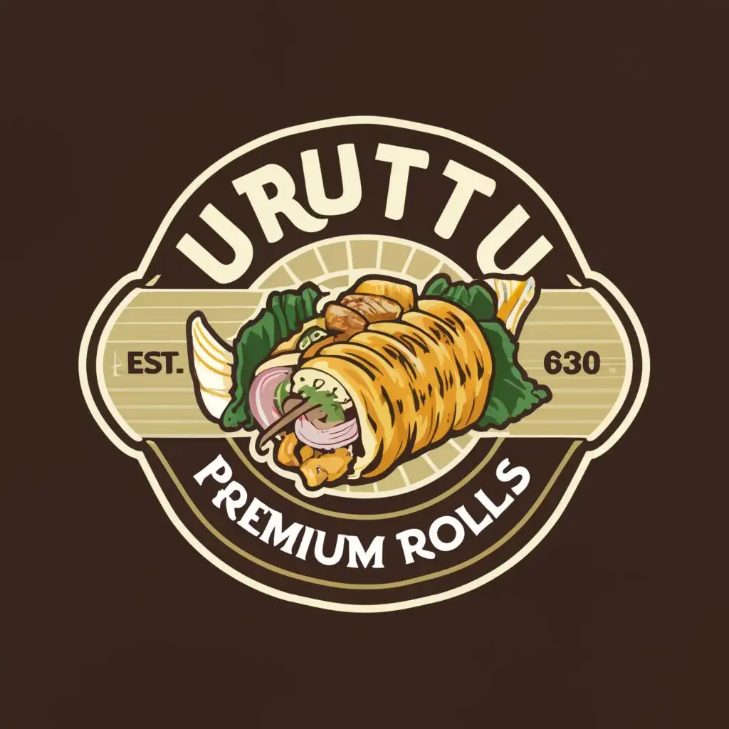 logo, chicken roll that looks appetizing, with the text "Uruttu
Premium rolls
", typography