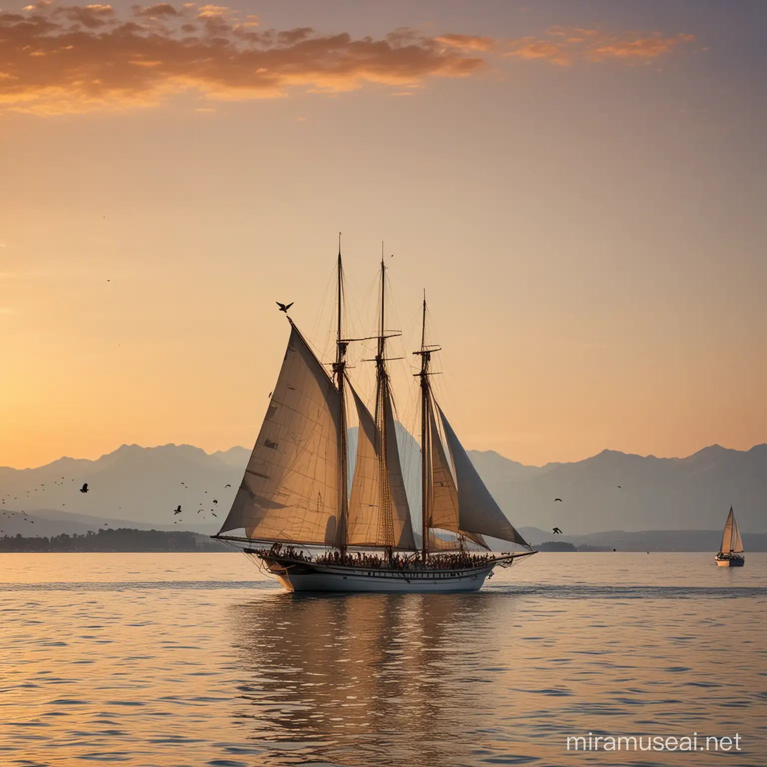 Majestic 4Masted Wooden Sailboat Sailing on Lake Geneva at Sunset Surrounded by Birds