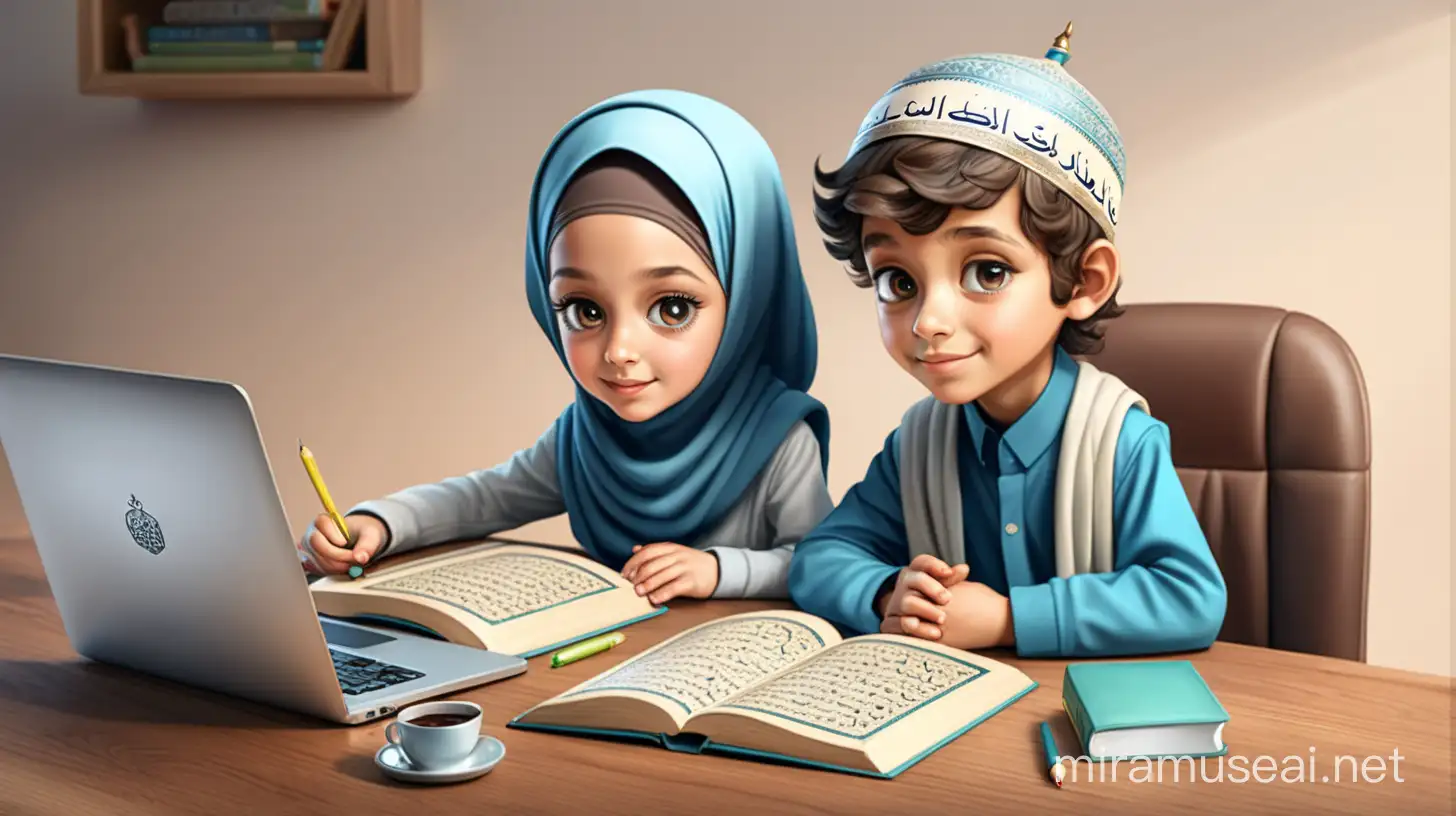 Online Quran Lessons for Kids Boy and Girl Studying on a Desk