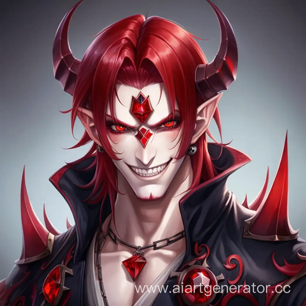 The demon of passion. He has red hair pointy hair, mischievous smile, red eyes. He is tall and strong. He likes to play people as well as play dice