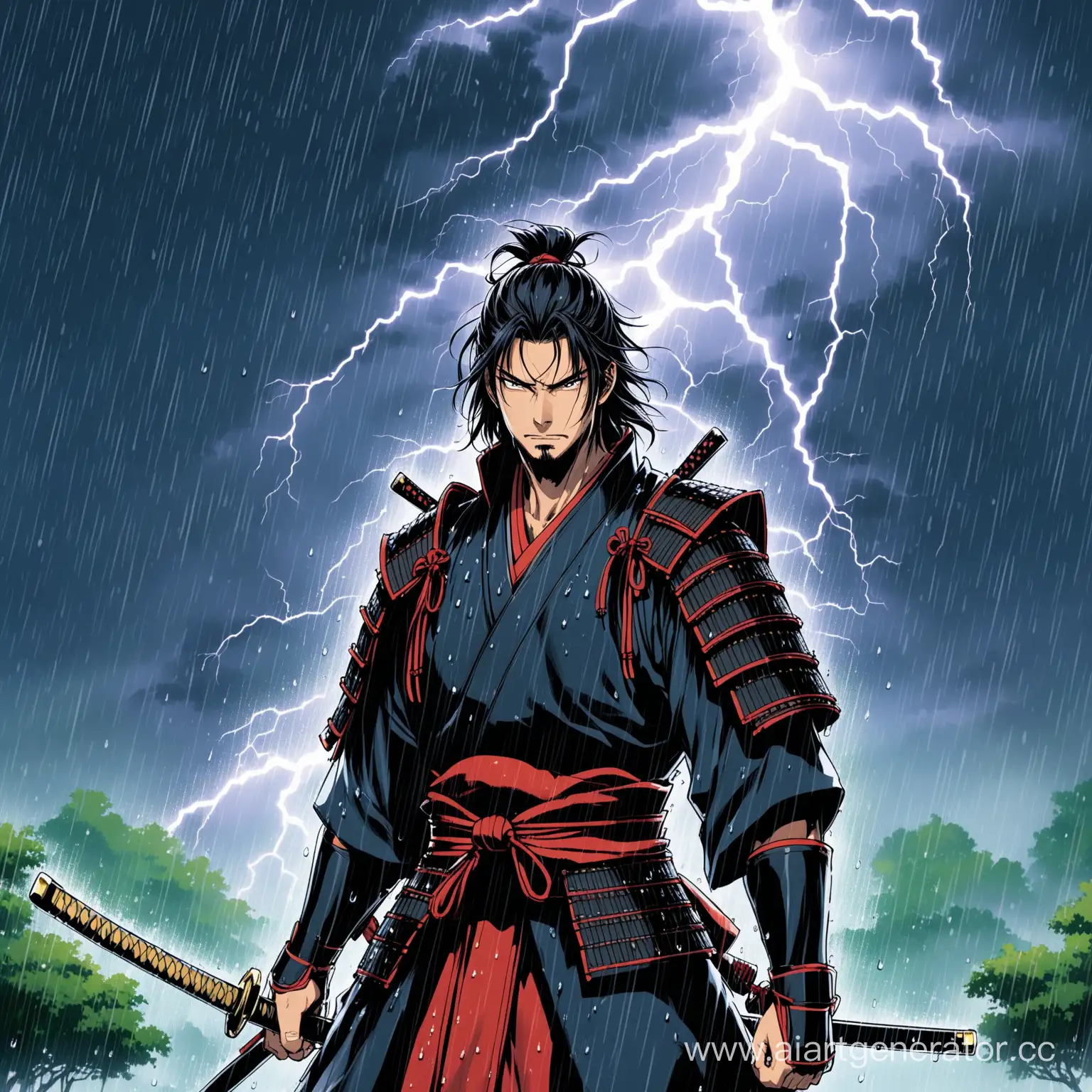 сделай самурая на фоне дождя и чтоб из глаз у него была молниянфт
