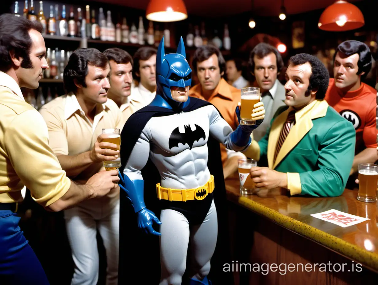 1970s Batman action figure dressed in fabric costume with sports jersey, surrounded by men, drinking beer, setting is a sports-themed bar