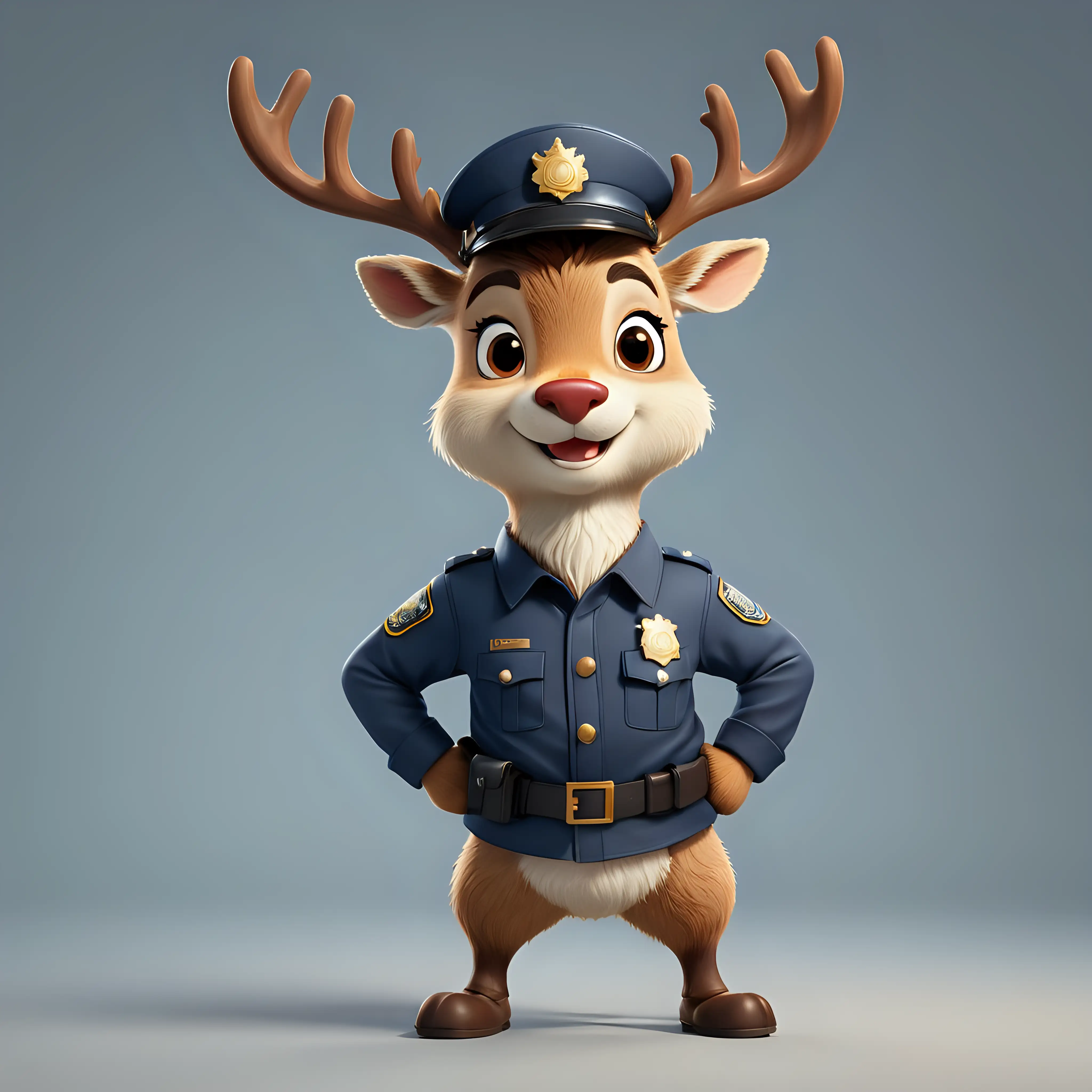 a funny cute Reindeer in cartoon style in full body in Police clothes with clear background
