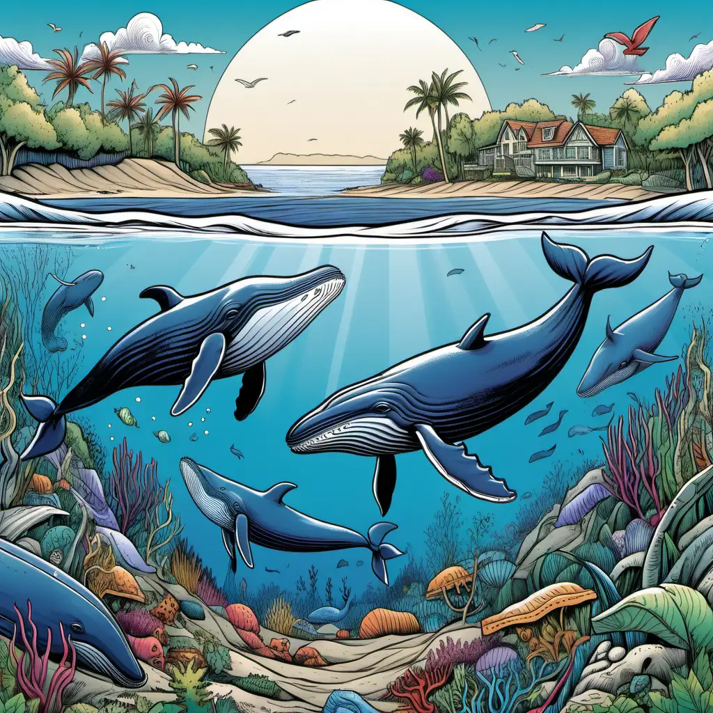 Full Colored Cover art for kids, 2 Whales (if considering marine life) in water close to the shore in the Garden of Eden, clean line art