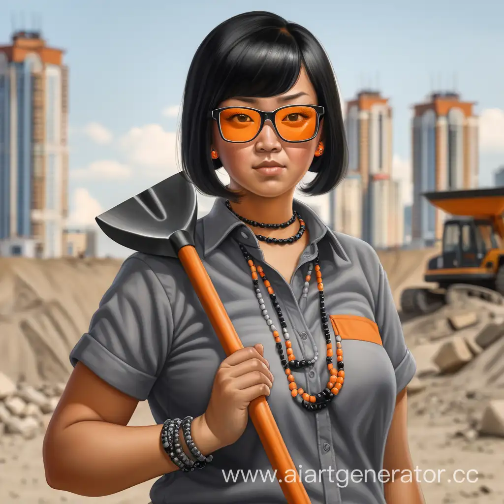 Толстая женщина,  бурятской внешности в серой сорочке с оранжевыми бусами, на спине лопата, в черных прямоугольных очках, черные волосы под мальчика. На фоне большой мегаполис