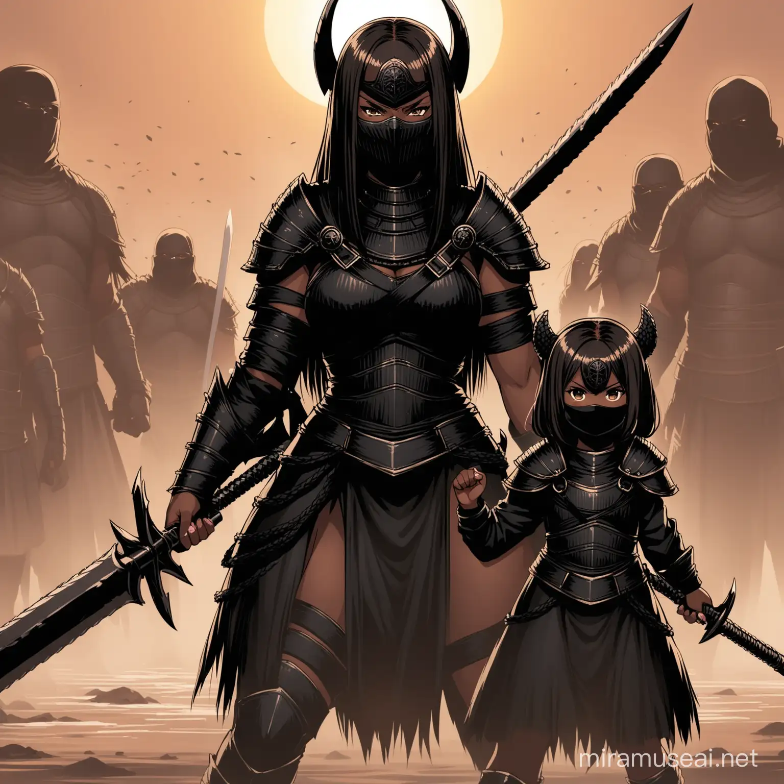 Fierce Black Warrior and Daughter in Battle Stance