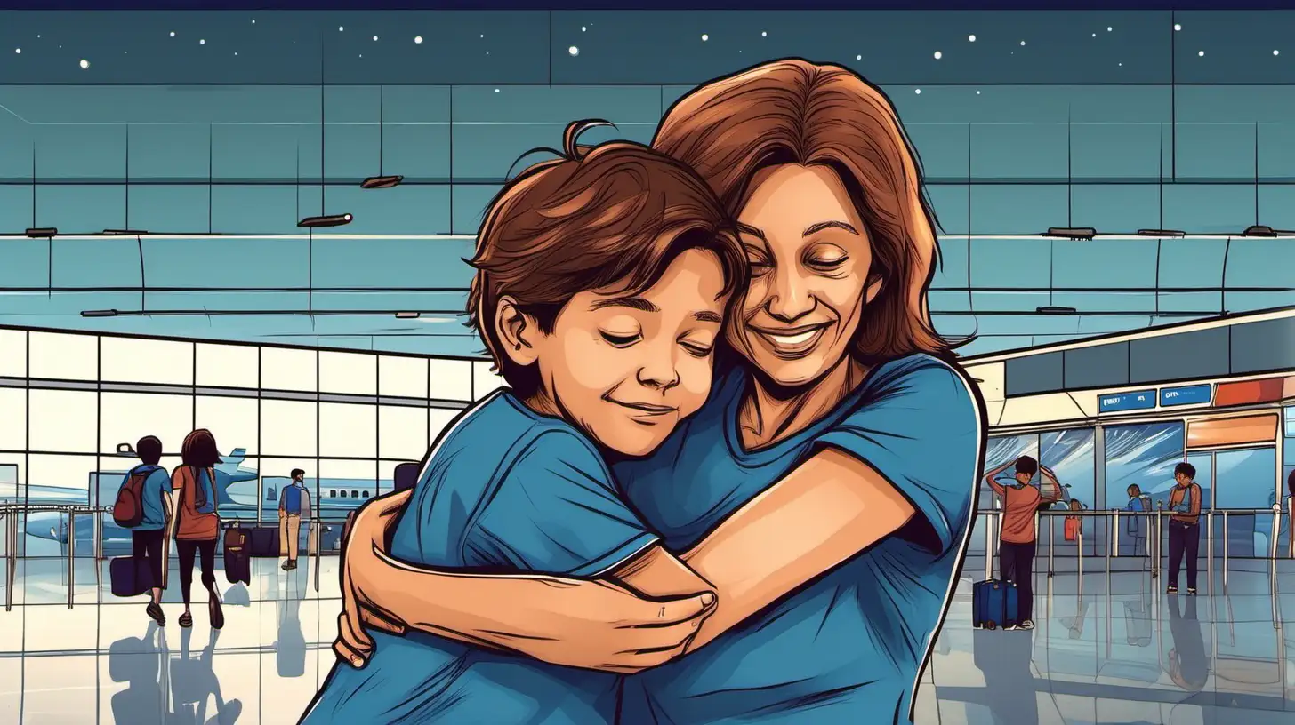 Heartwarming Reunion Embracing 55YearOld Woman and 10YearOld Boy with Brown Hair and Blue TShirt at Night in the Airport