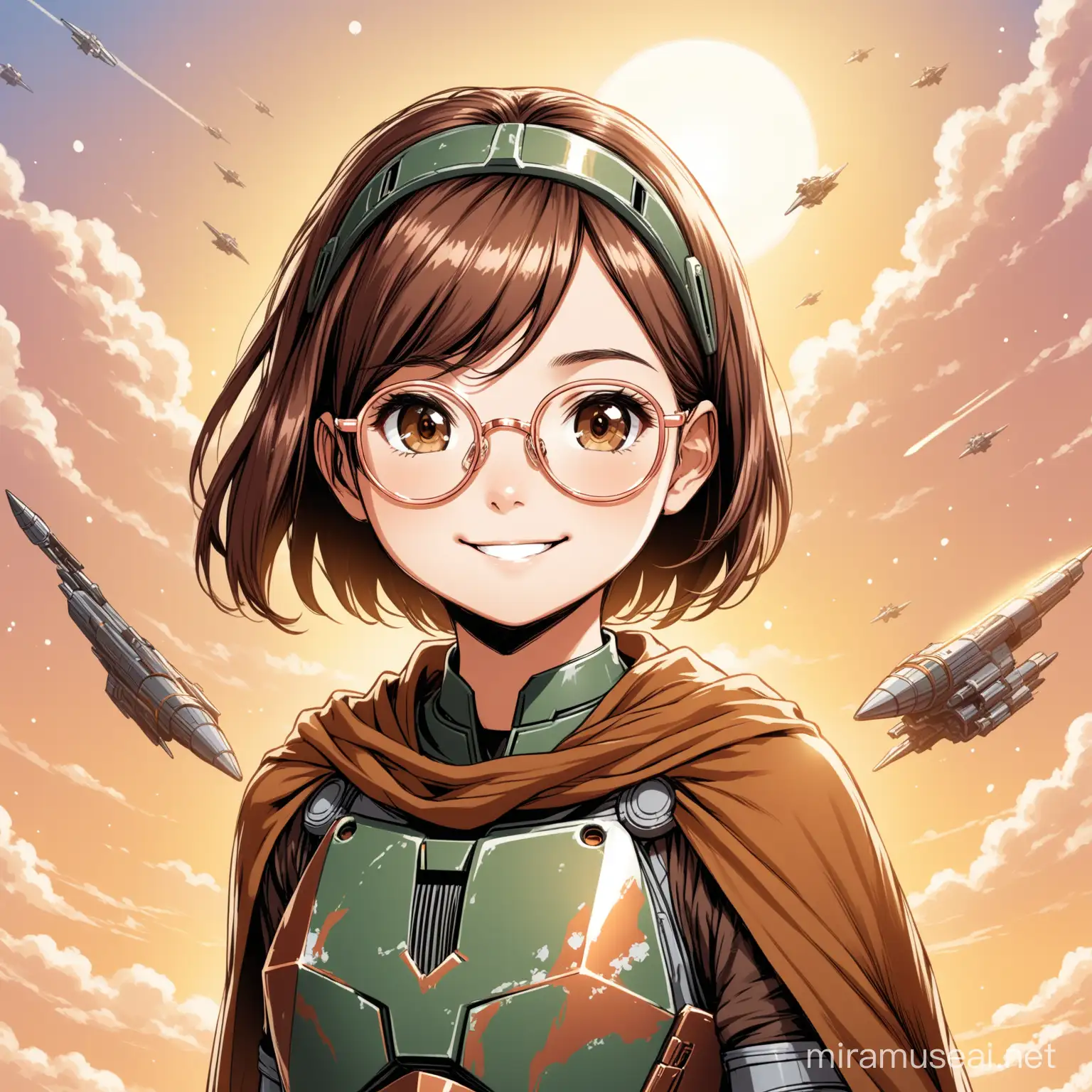 12 year old girl, short brown hair, rose gold glasses, brown eyes, smiling, headband, wearing Mandalorian armour, cape, flying the razor crest