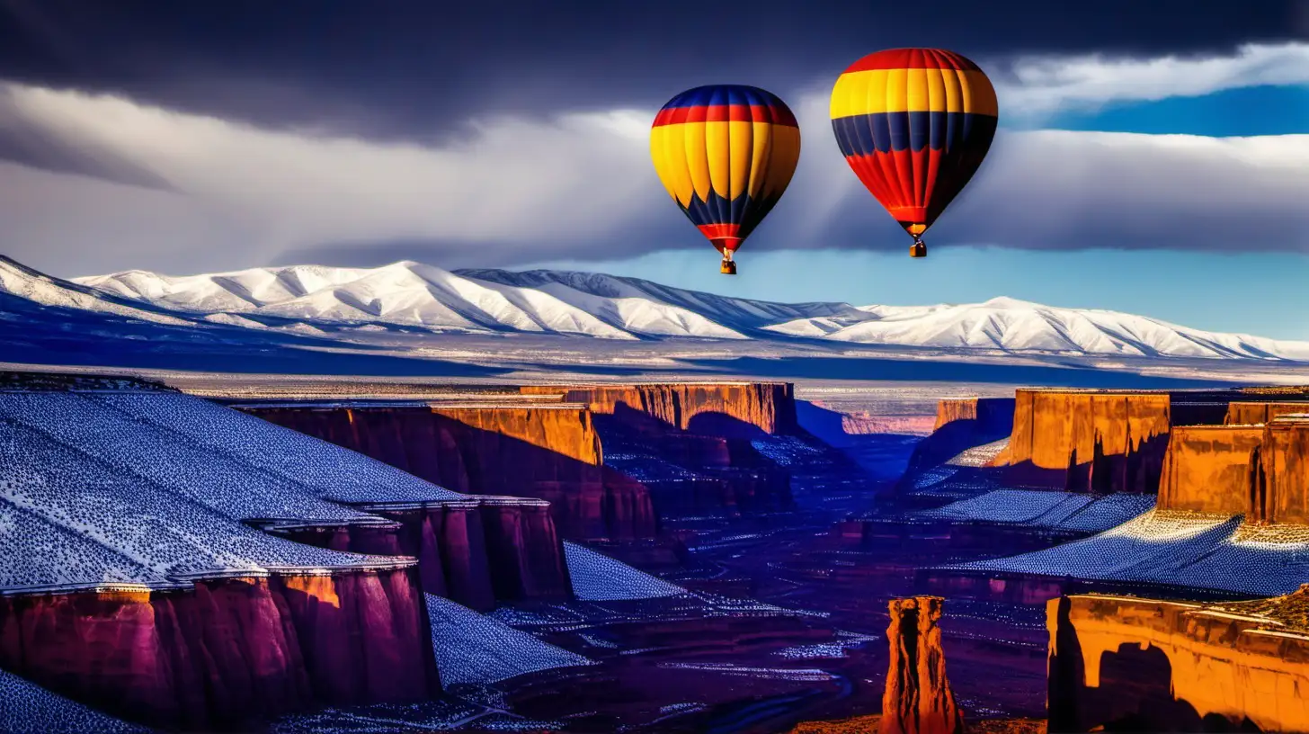 Colorful Hot Air Balloon Drifting over SnowTopped La Sal Mountains Moab UT