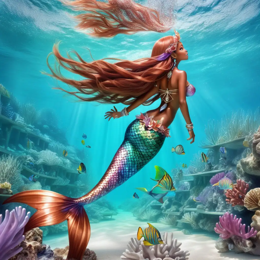 Mermaid in bora bora island. This mermaid has long cowboy copper hair color her tail colors like pastel rainbow tone. This mermaid has at least 10 necklaces, 20 bracelets,25 earings. She is like an angel mermaid