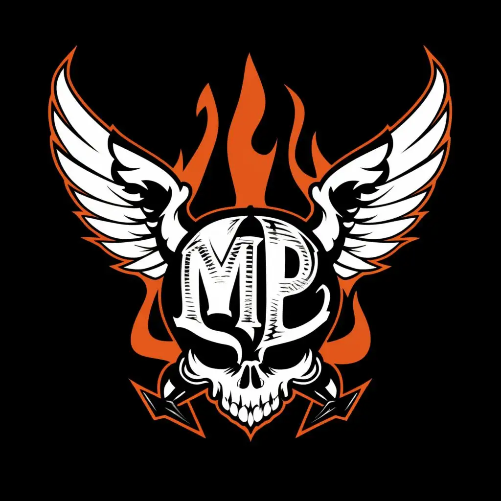 logo, devil wings skull, with the text "MP", typography