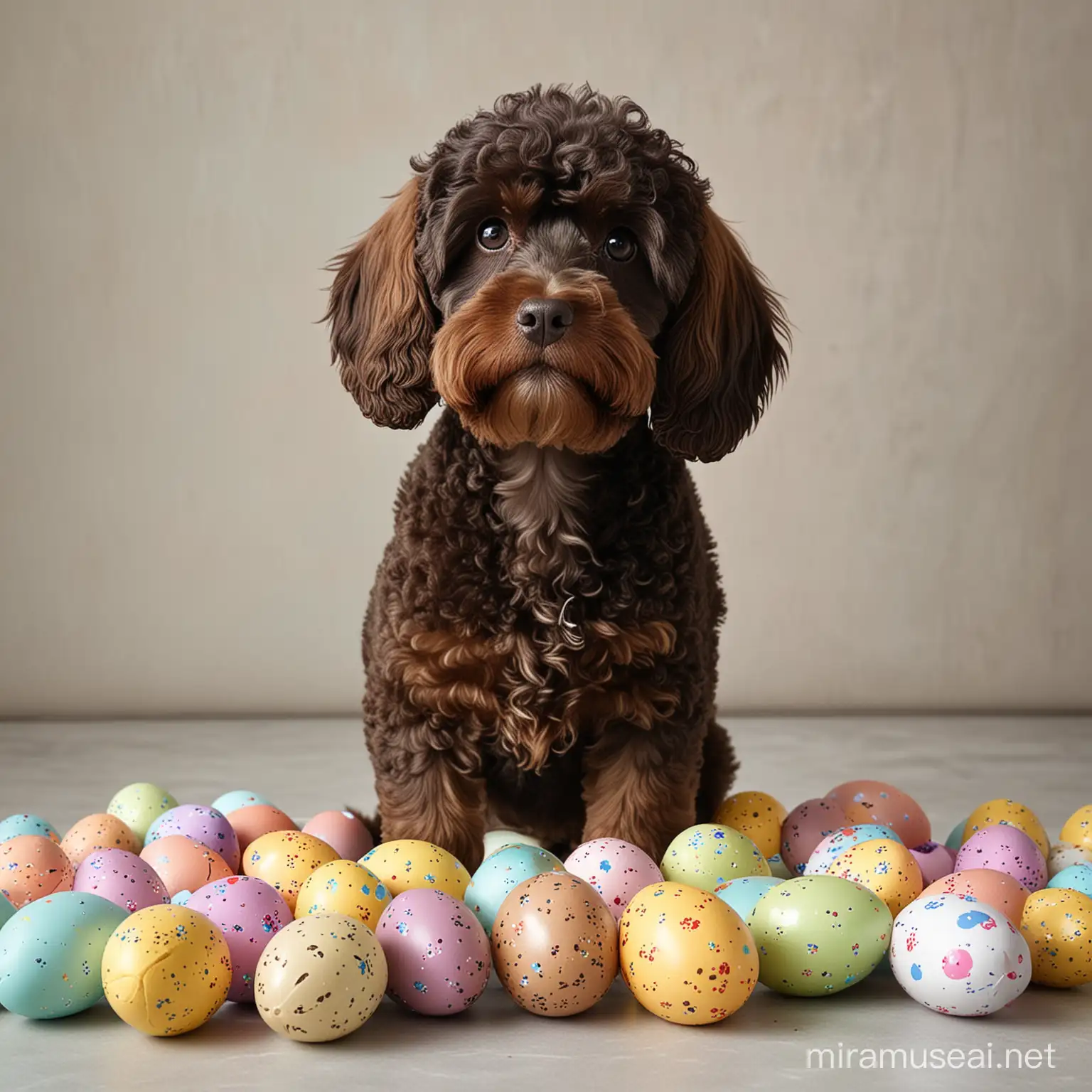 a black and brown cockapoo surrounded by easter eggs