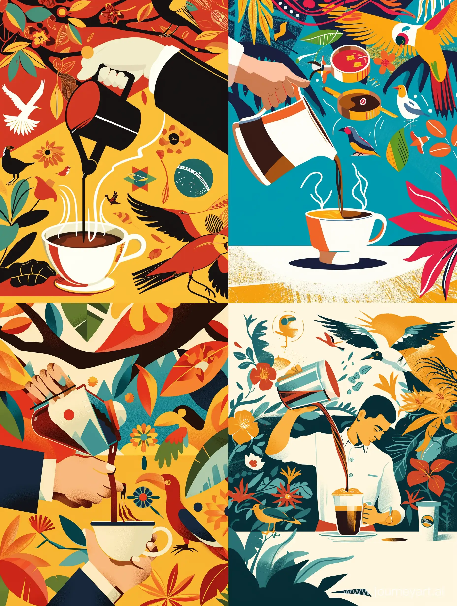 Иллюстрация в стиле современная абстракция бариста наливает кофе в чашку и протягивает ее вперед на заднем плане символы Бразилии, природа, птицы и животные Бразилии, в ярких тонах